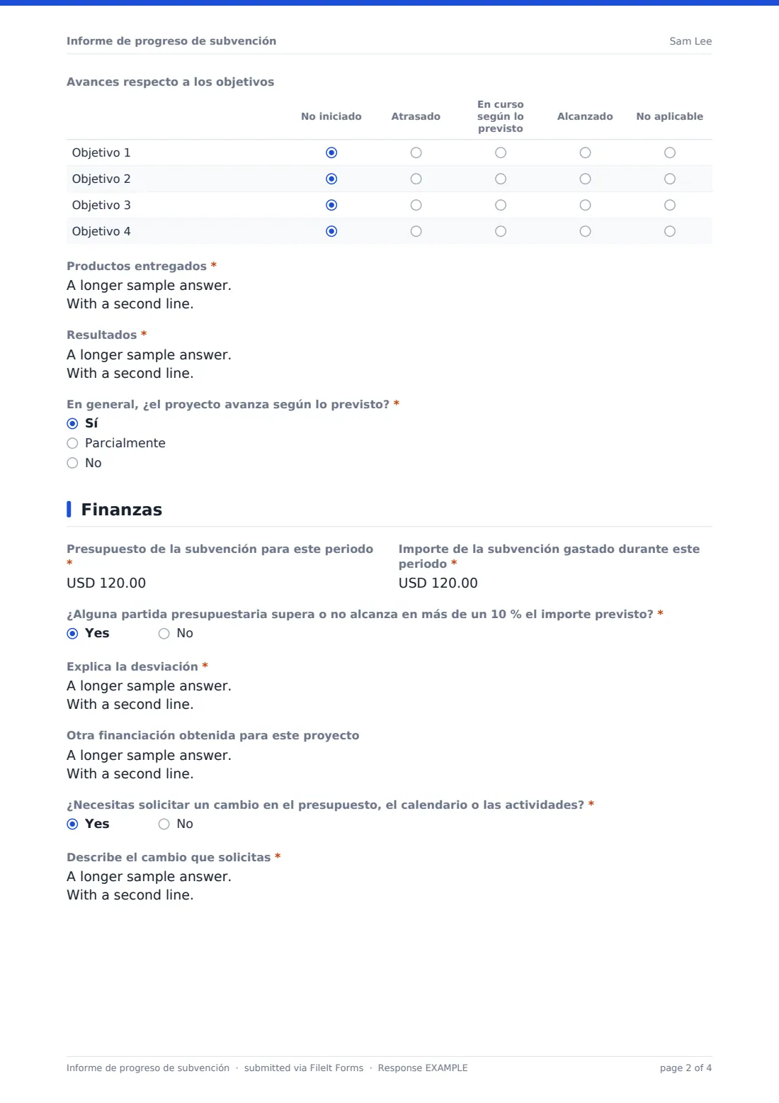 Informe de progreso de subvención — PDF de respuesta de ejemplo, página 2 de 4