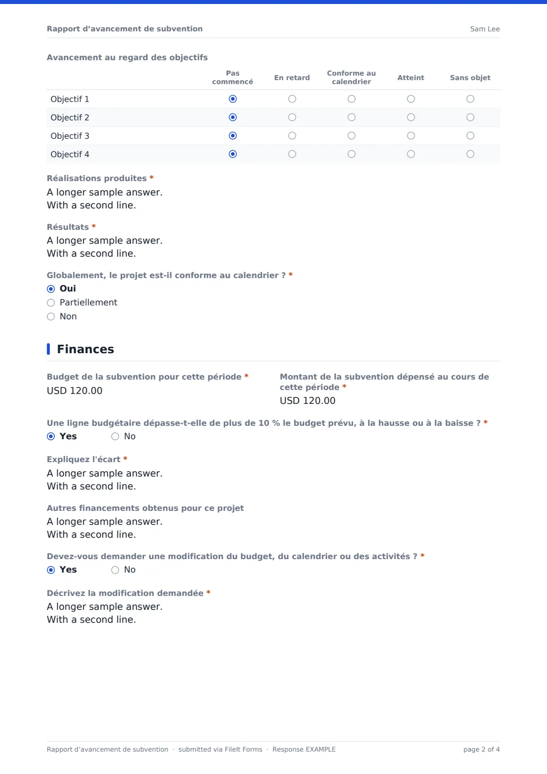 Rapport d’avancement de subvention — exemple de réponse au format PDF, page 2 sur 4