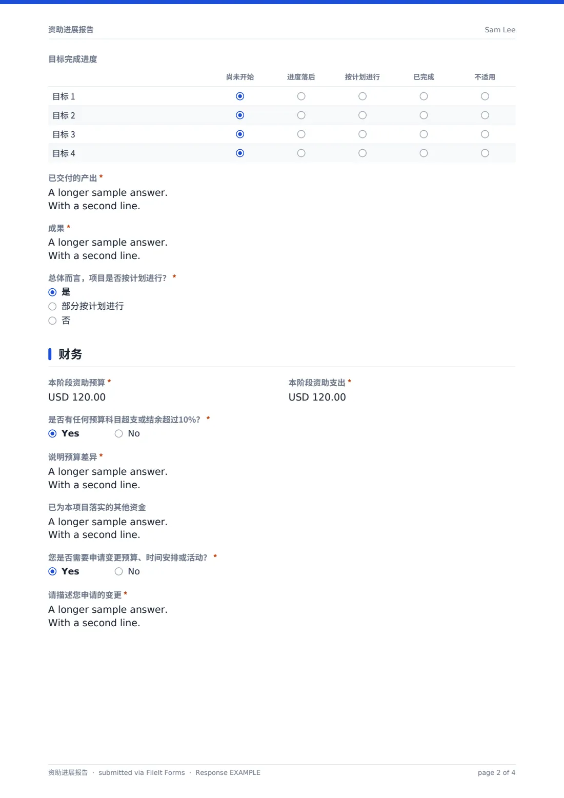 资助进展报告 — 示例回复 PDF，第 2 页，共 4 页