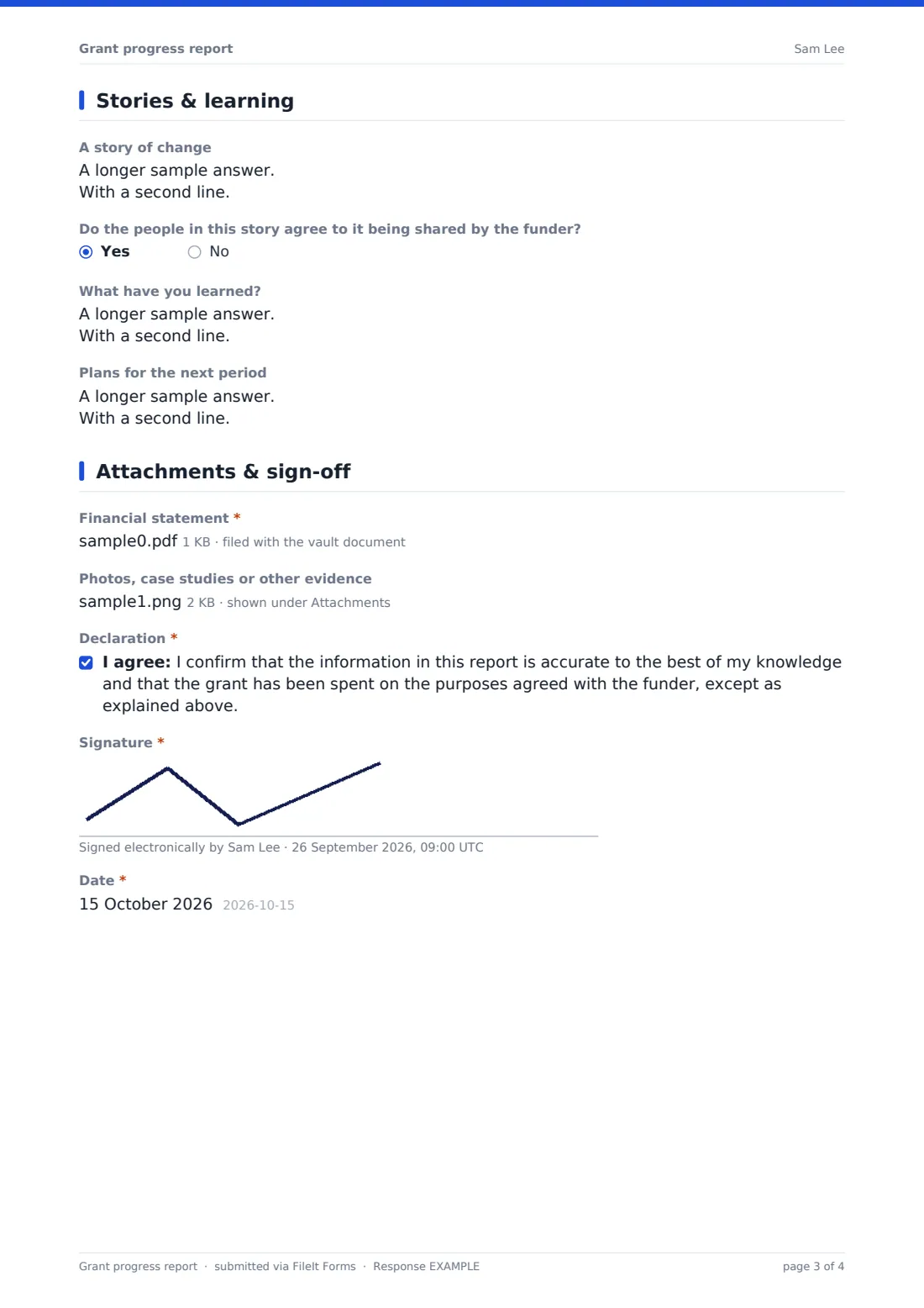 Grant progress report — example response PDF, page 3 of 4