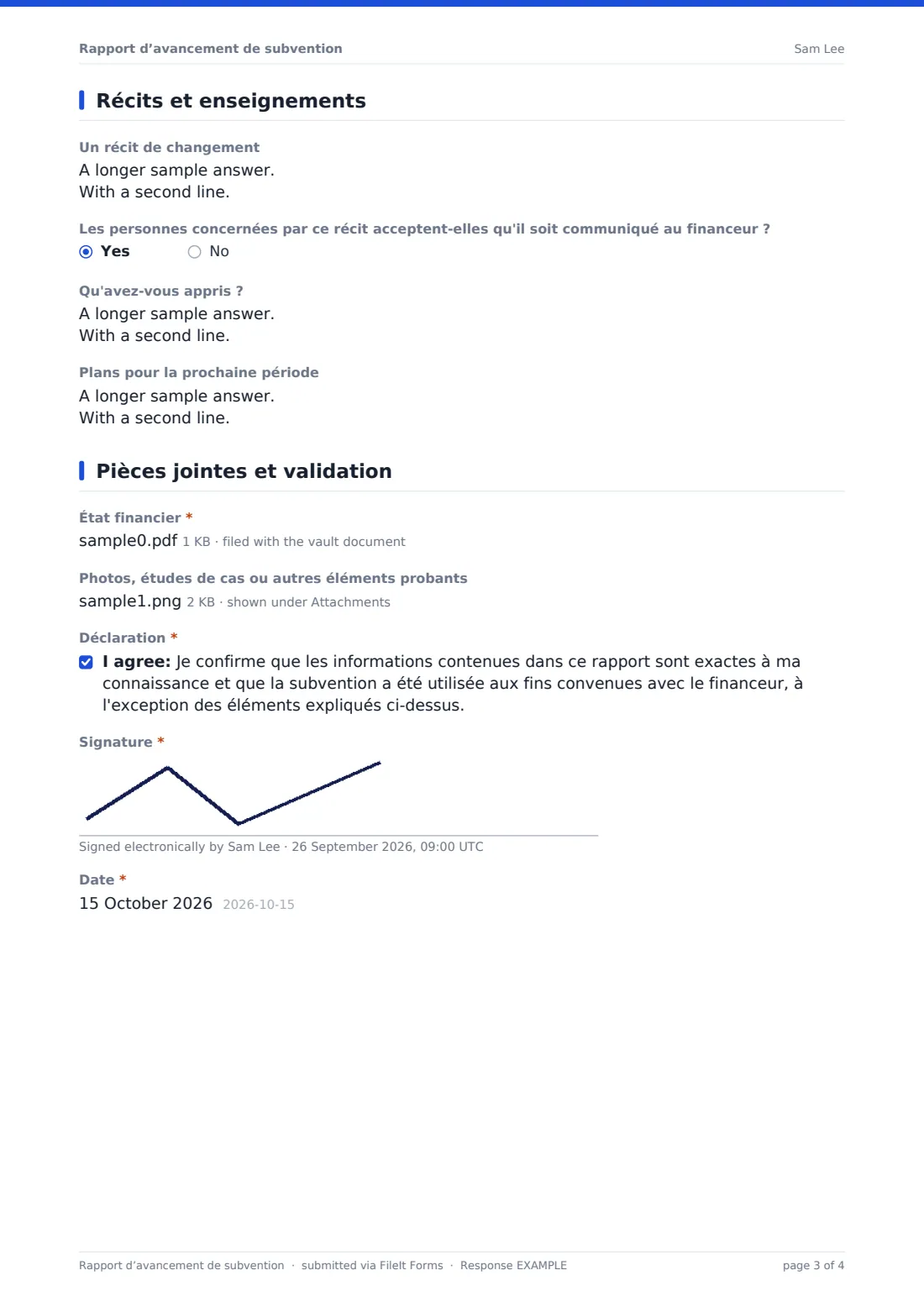 Rapport d’avancement de subvention — exemple de réponse au format PDF, page 3 sur 4