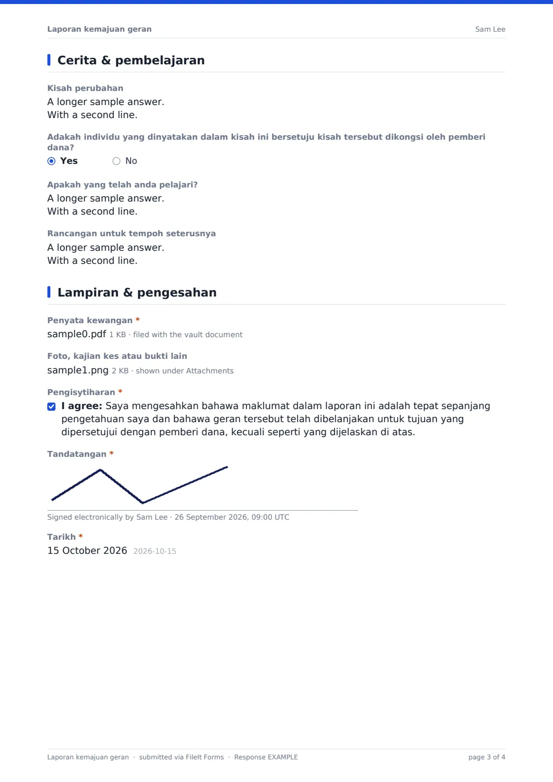 Laporan kemajuan geran — PDF respons contoh, halaman 3 daripada 4