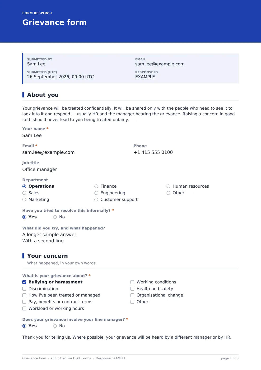 Grievance form — example response PDF, page 1 of 3