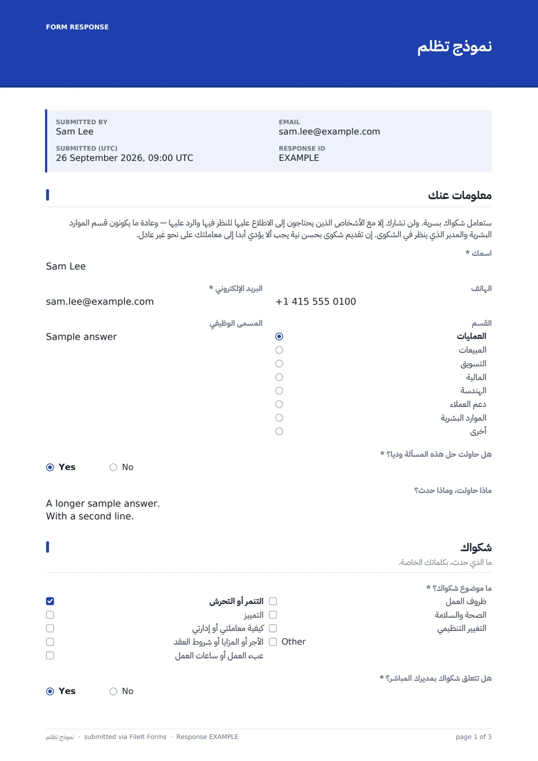 نموذج تظلّم — ملف PDF لرد نموذجي، الصفحة 1 من 3