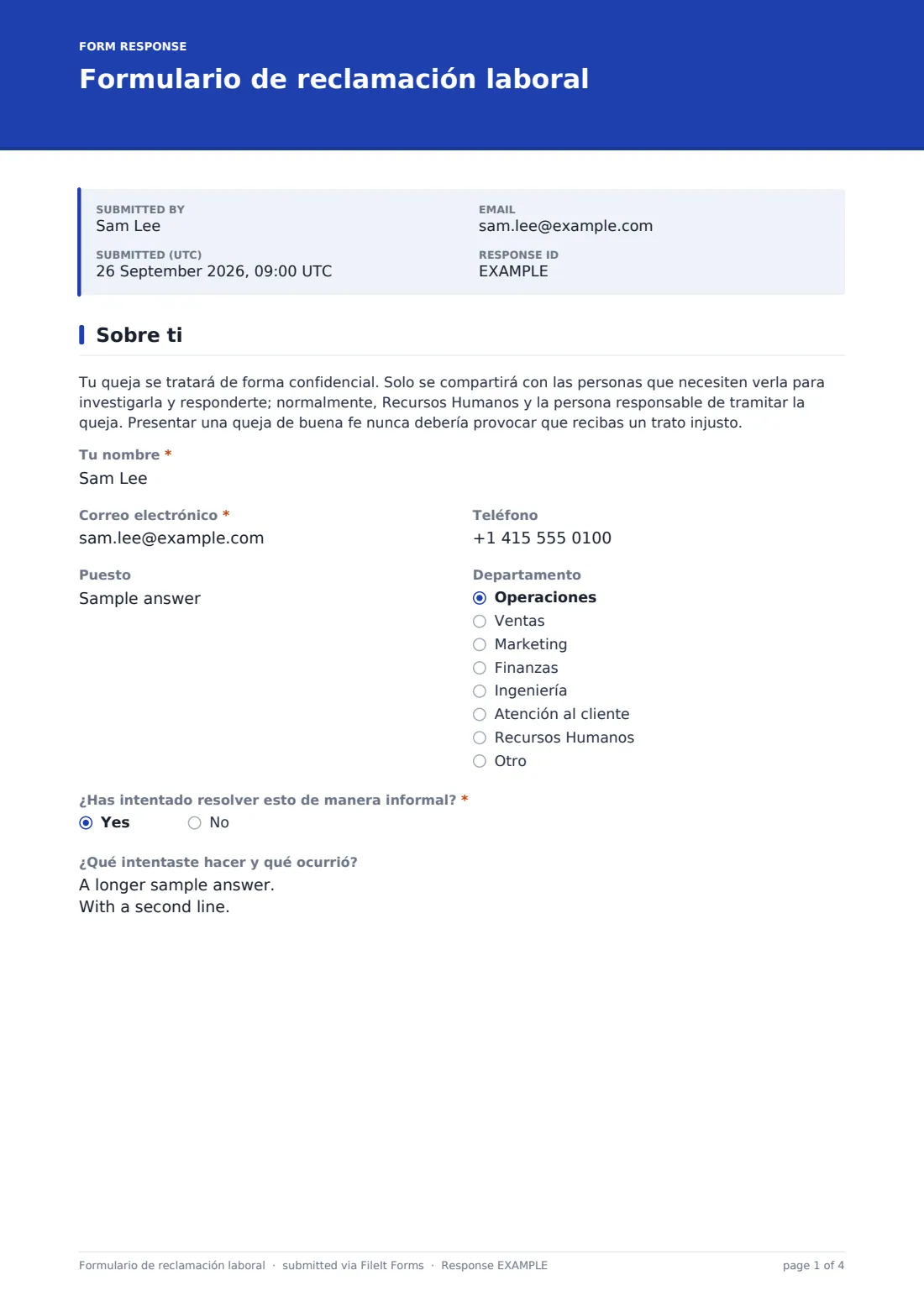 Formulario de reclamación laboral — PDF de respuesta de ejemplo, página 1 de 4