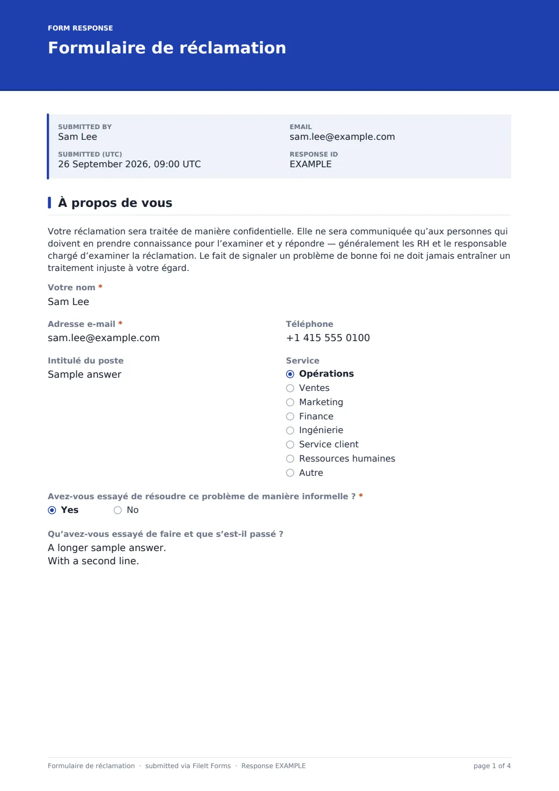 Formulaire de réclamation — exemple de réponse au format PDF, page 1 sur 4