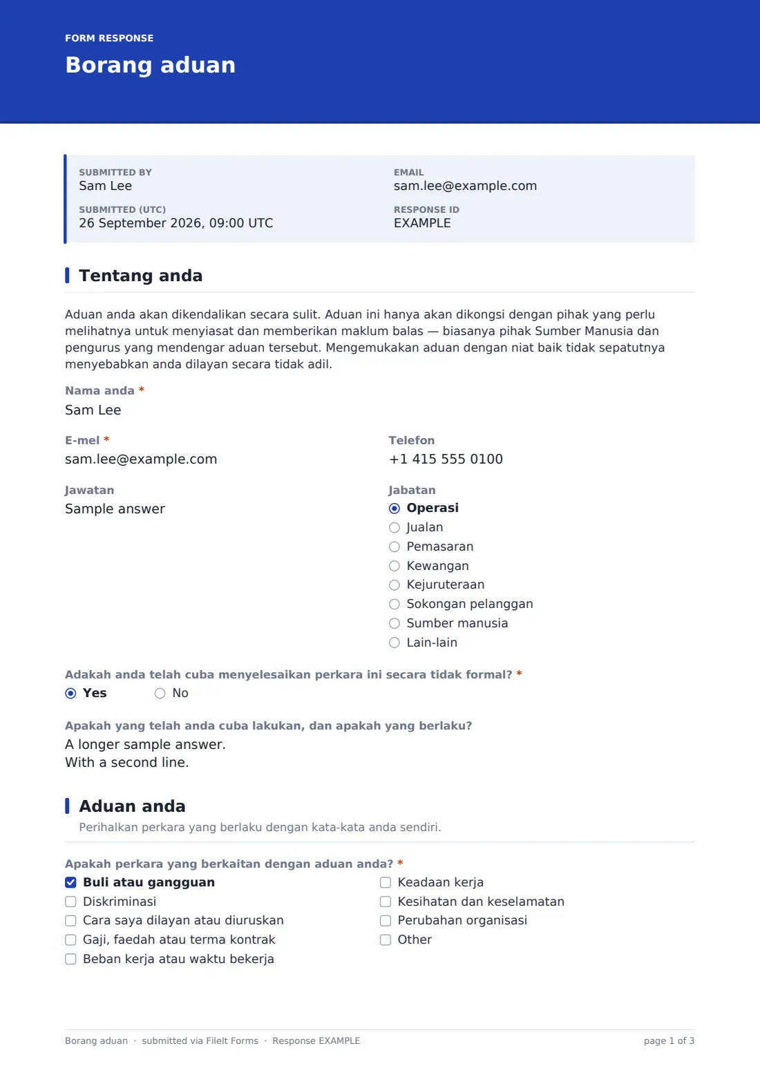 Borang aduan — PDF respons contoh, halaman 1 daripada 3