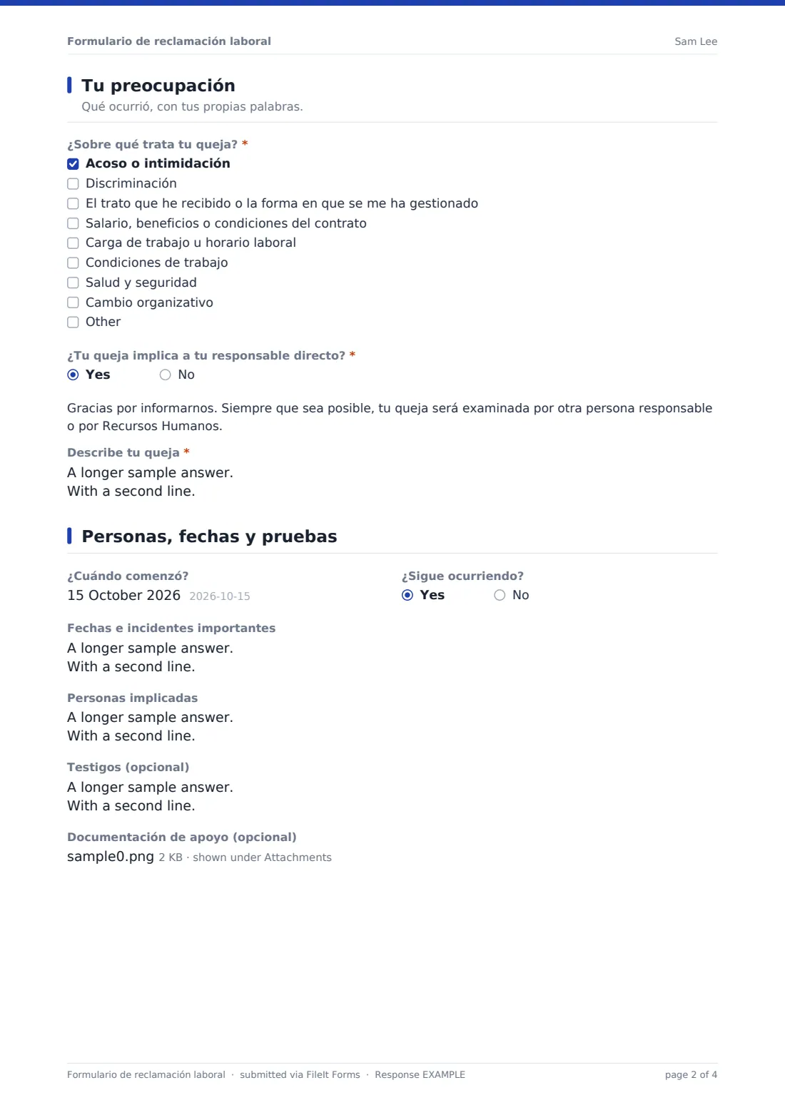 Formulario de reclamación laboral — PDF de respuesta de ejemplo, página 2 de 4