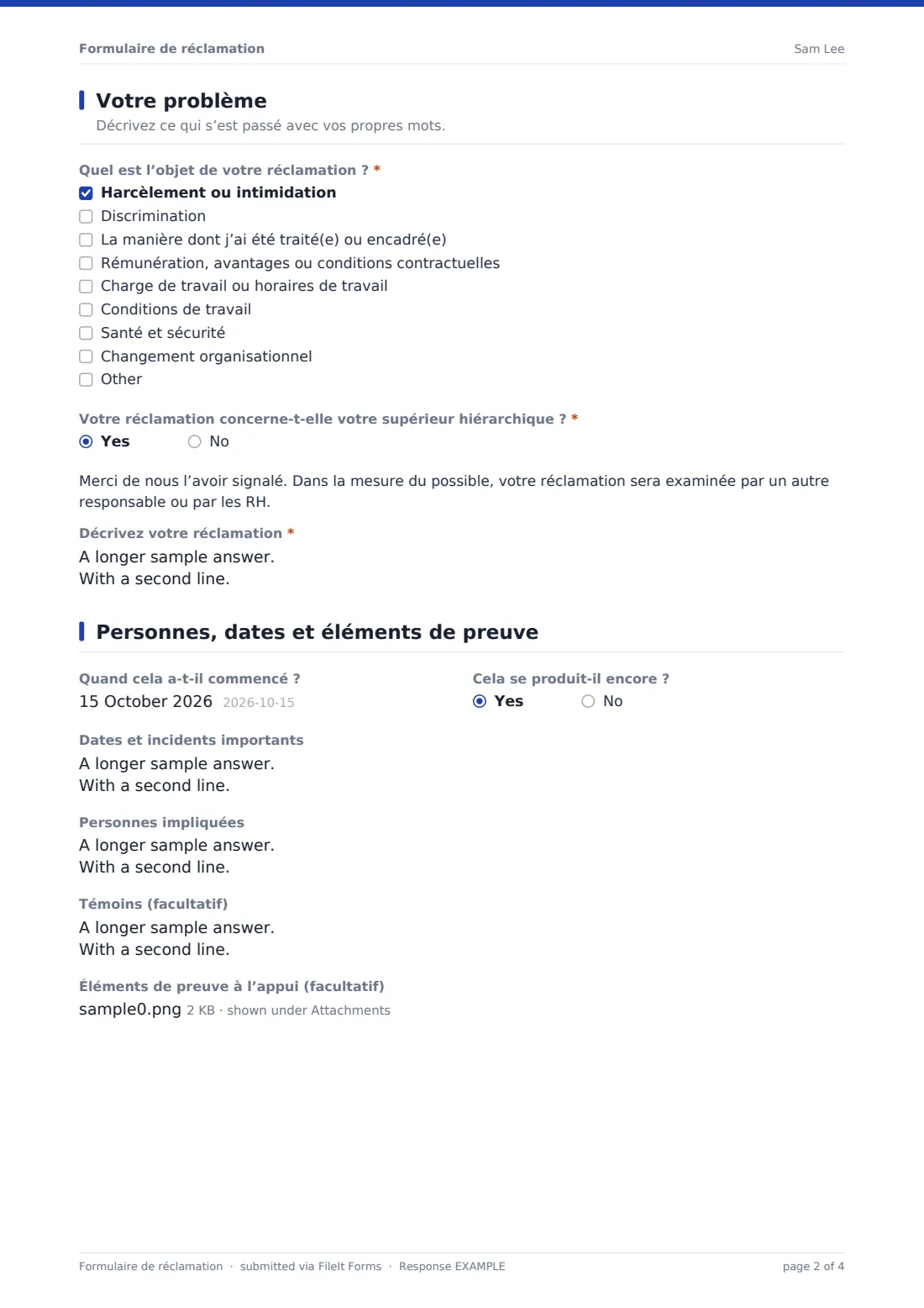 Formulaire de réclamation — exemple de réponse au format PDF, page 2 sur 4