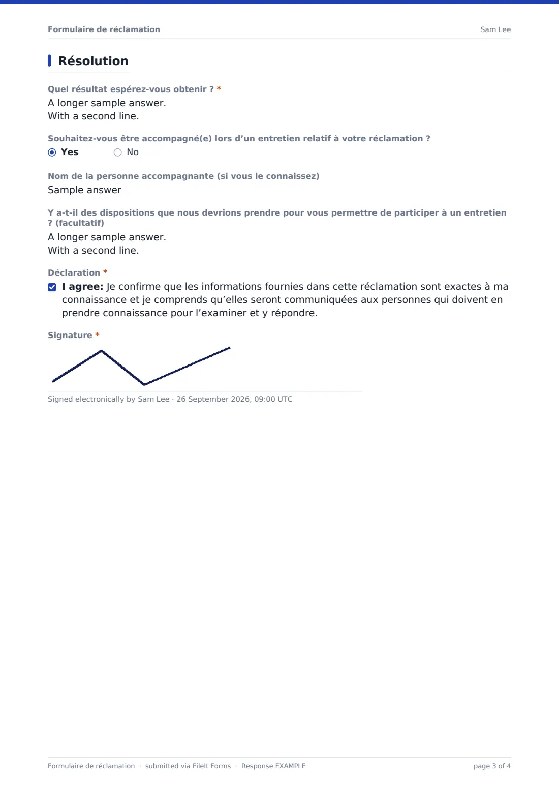 Formulaire de réclamation — exemple de réponse au format PDF, page 3 sur 4