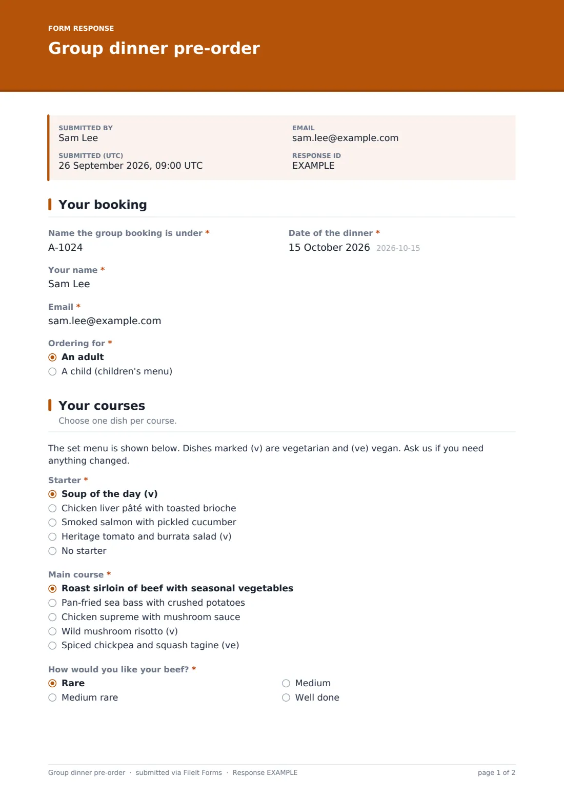 Group dinner pre-order — example response PDF, page 1 of 2
