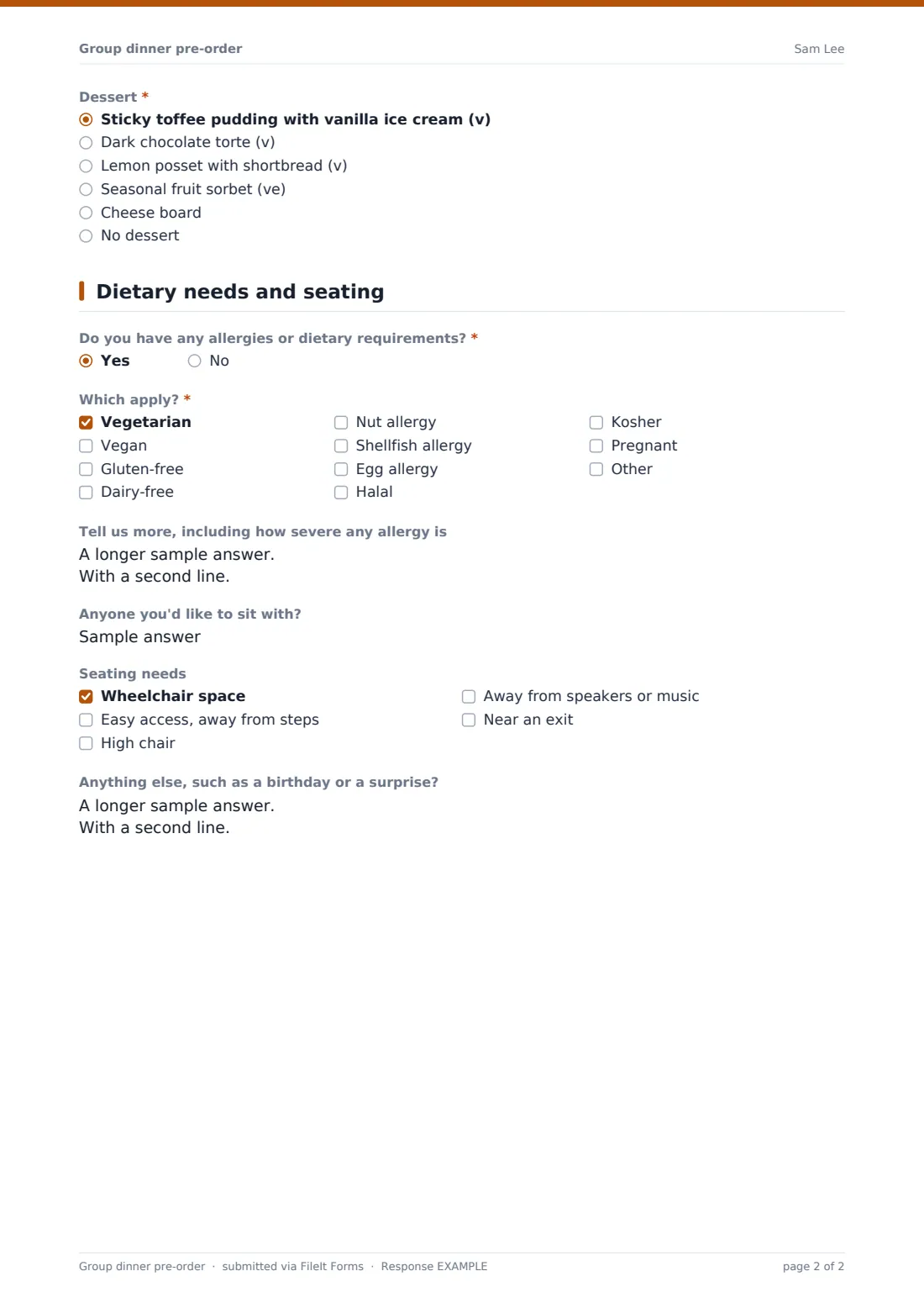 Group dinner pre-order — example response PDF, page 2 of 2