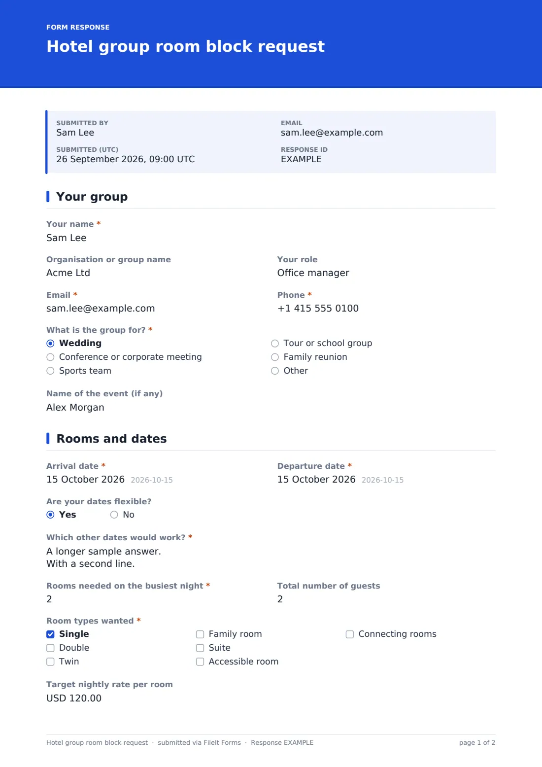 Hotel group room block request — example response PDF, page 1 of 2