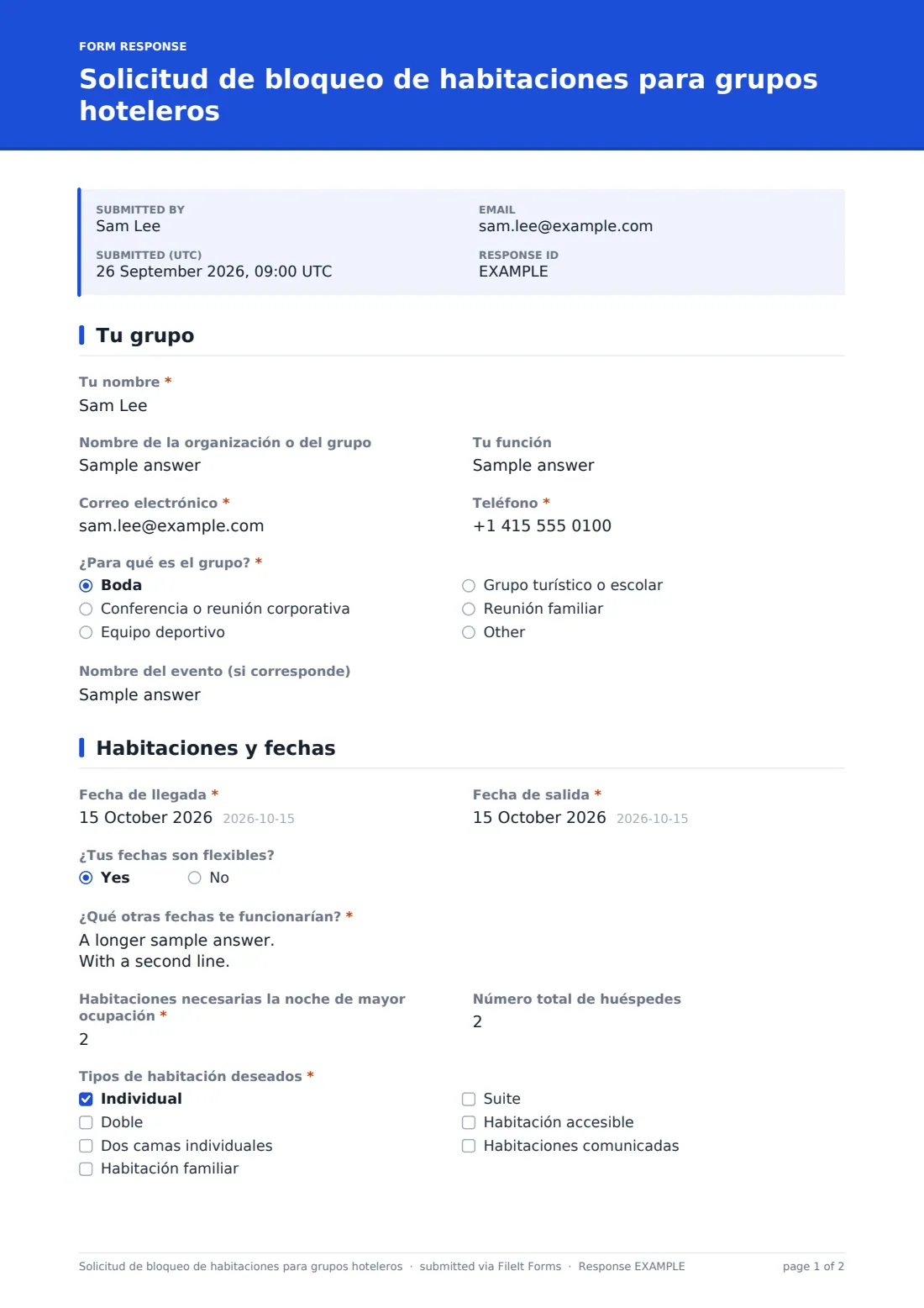 Solicitud de bloqueo de habitaciones para grupos hoteleros — PDF de respuesta de ejemplo, página 1 de 2