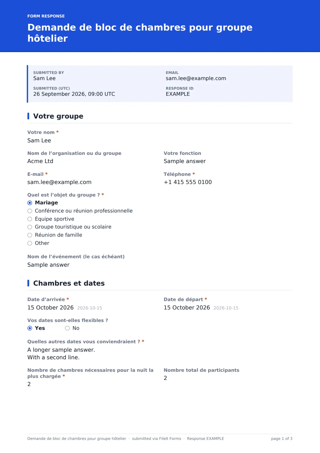 Demande de bloc de chambres pour groupe hôtelier — exemple de réponse au format PDF, page 1 sur 3
