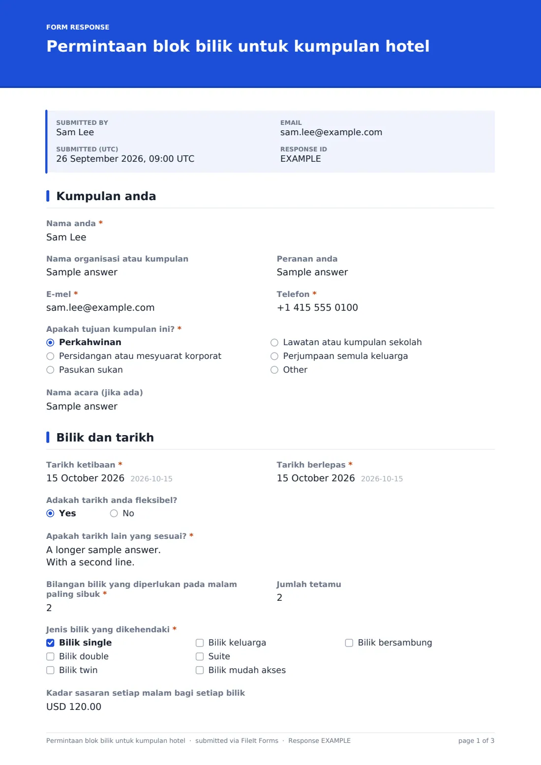 Permintaan blok bilik untuk kumpulan hotel — PDF respons contoh, halaman 1 daripada 3