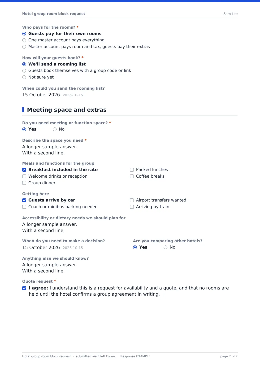 Hotel group room block request — example response PDF, page 2 of 2