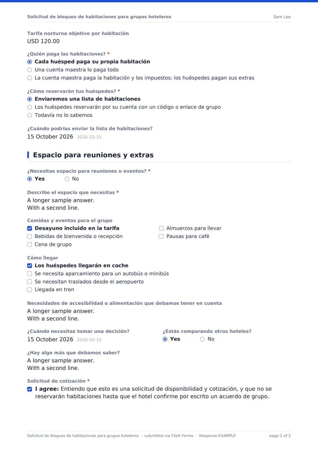 Solicitud de bloqueo de habitaciones para grupos hoteleros — PDF de respuesta de ejemplo, página 2 de 2