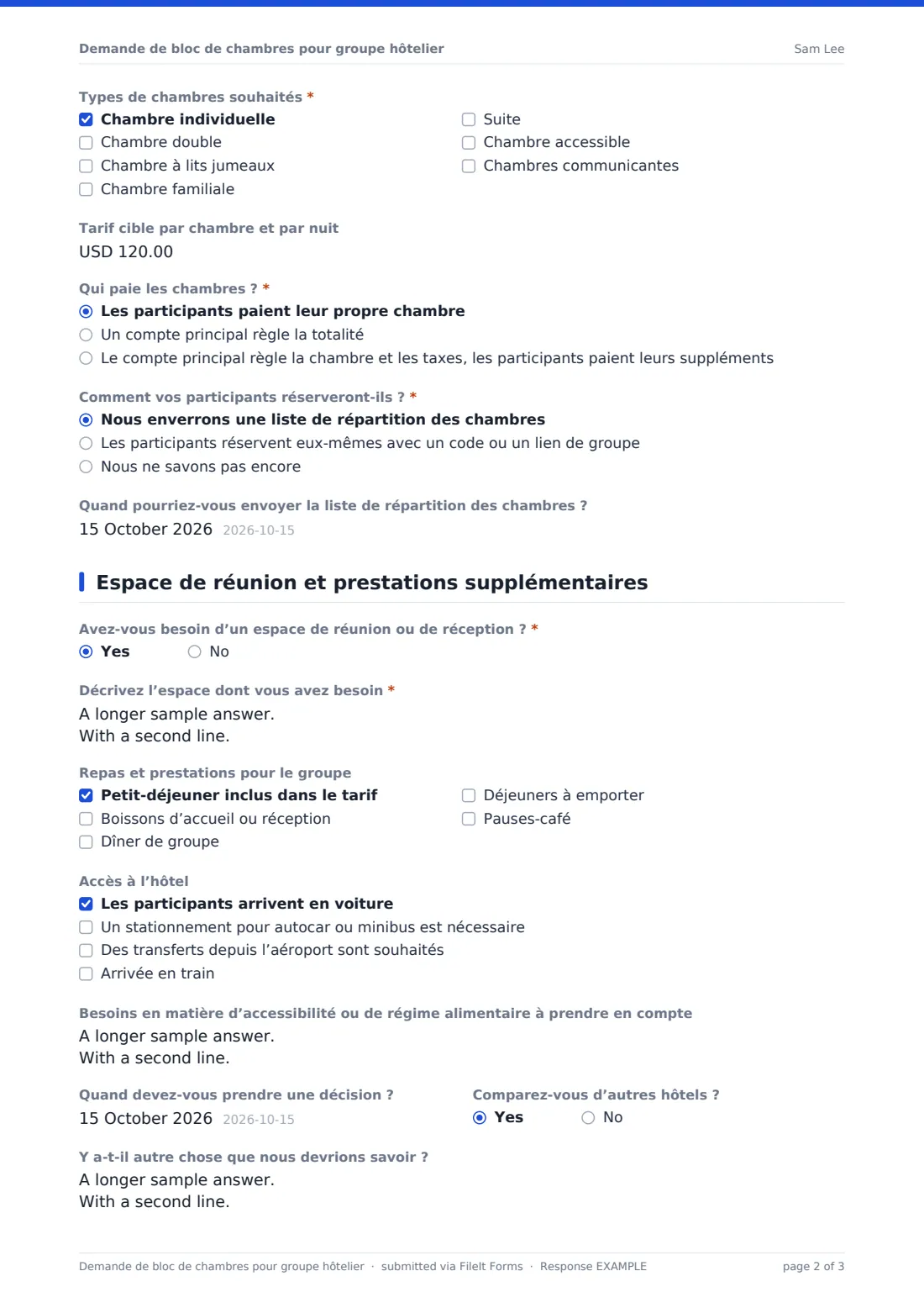 Demande de bloc de chambres pour groupe hôtelier — exemple de réponse au format PDF, page 2 sur 3