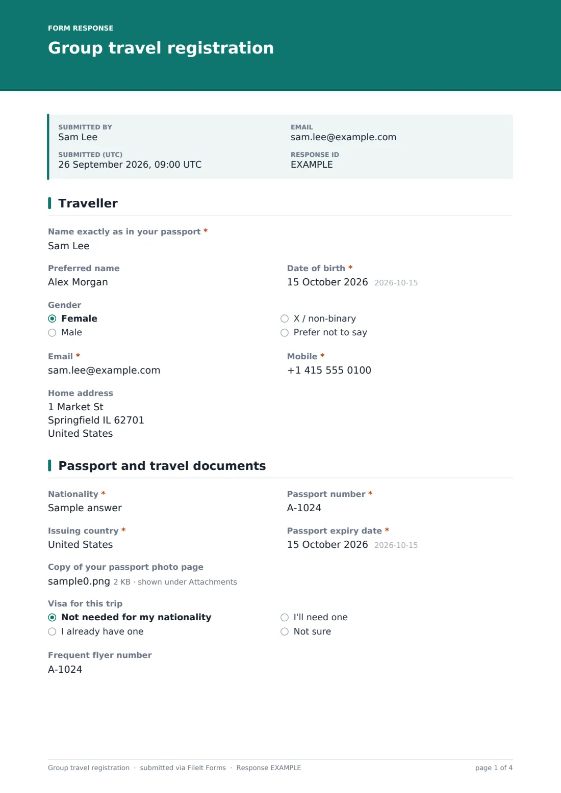 Group travel registration — example response PDF, page 1 of 4
