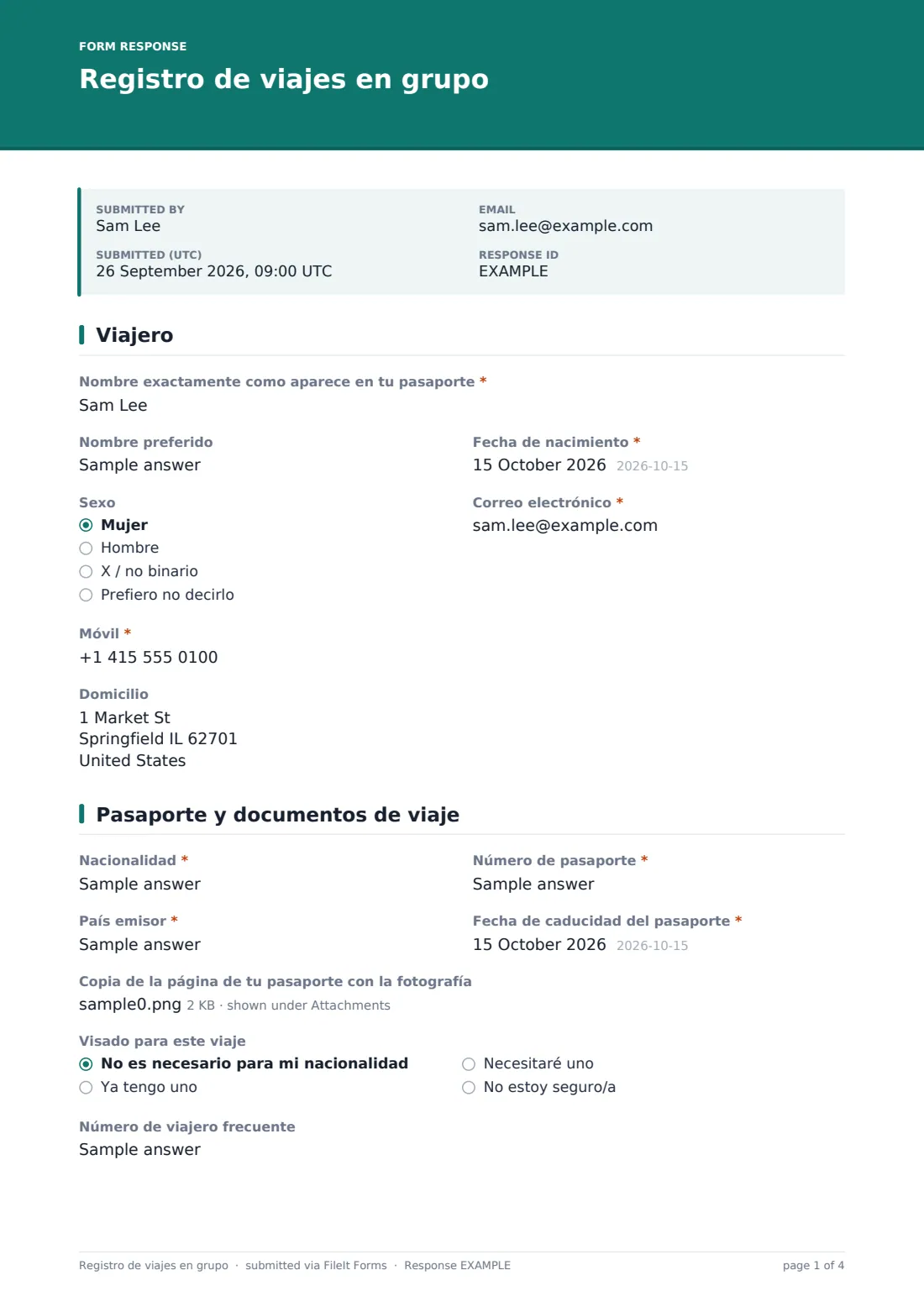 Registro de viajes en grupo — PDF de respuesta de ejemplo, página 1 de 4
