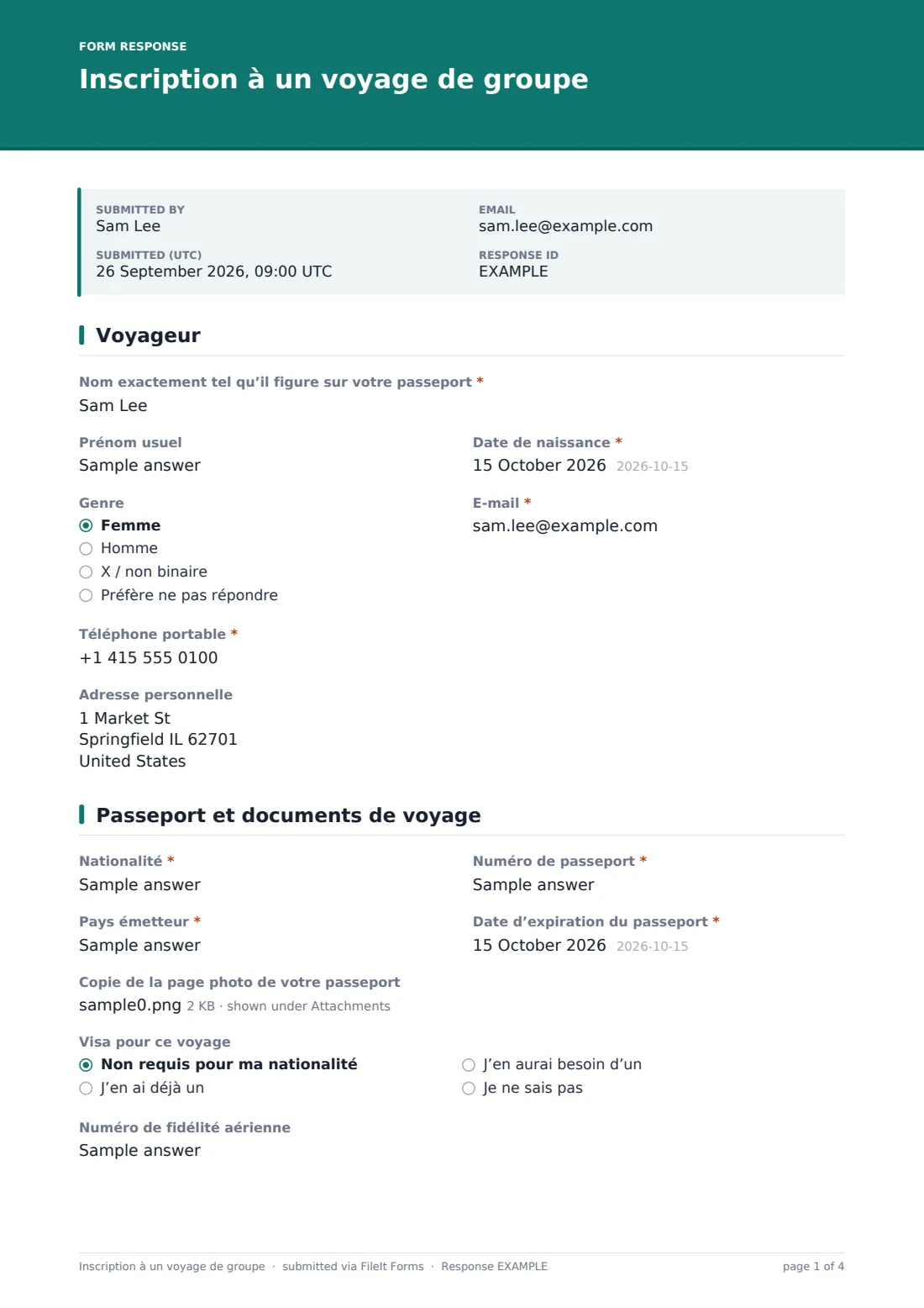 Inscription à un voyage de groupe — exemple de réponse au format PDF, page 1 sur 4