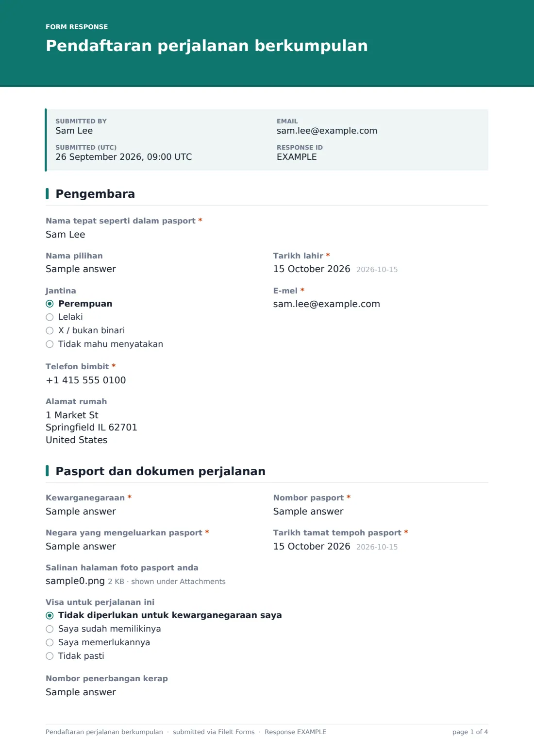 Pendaftaran perjalanan berkumpulan — PDF respons contoh, halaman 1 daripada 4