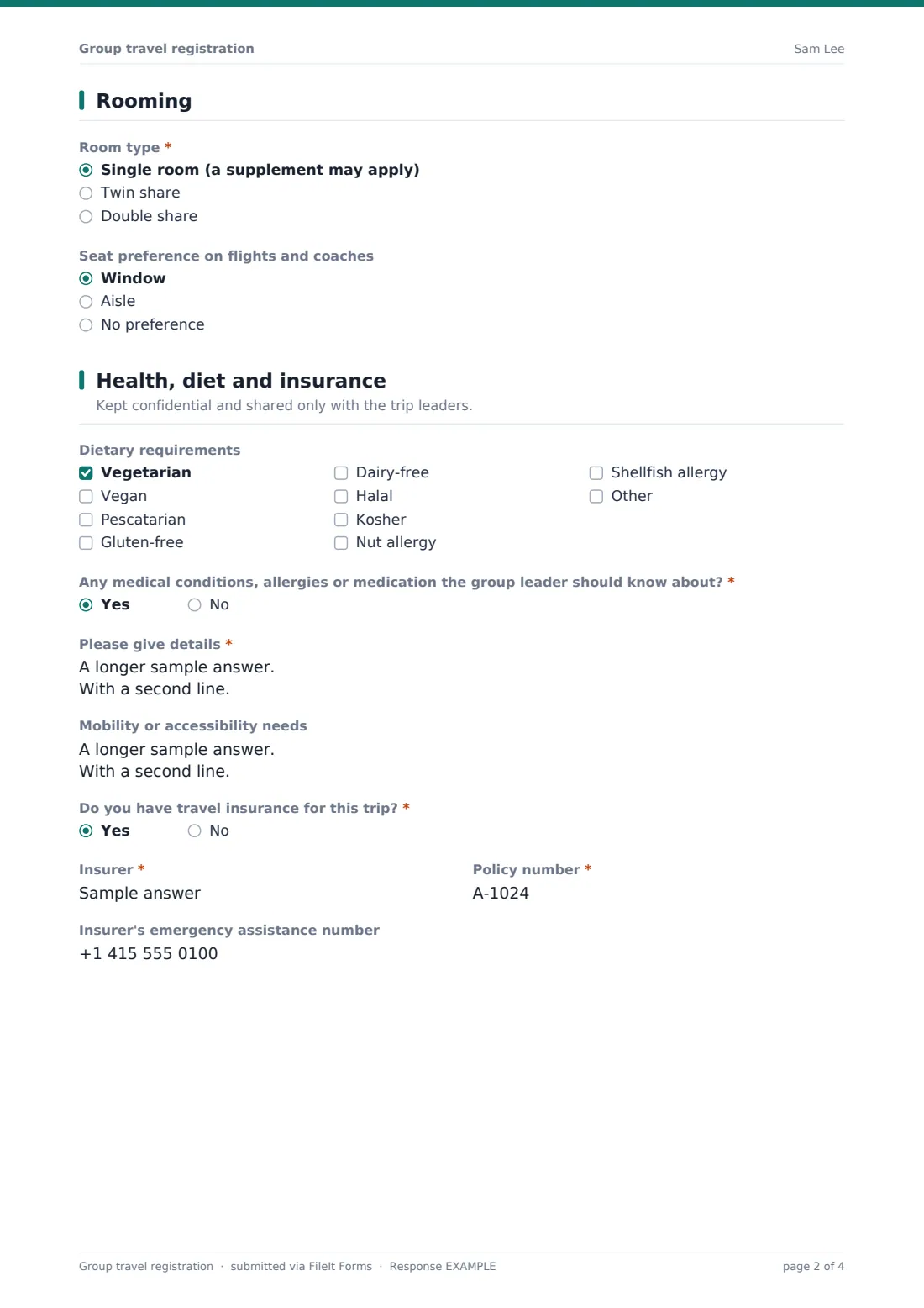 Group travel registration — example response PDF, page 2 of 4