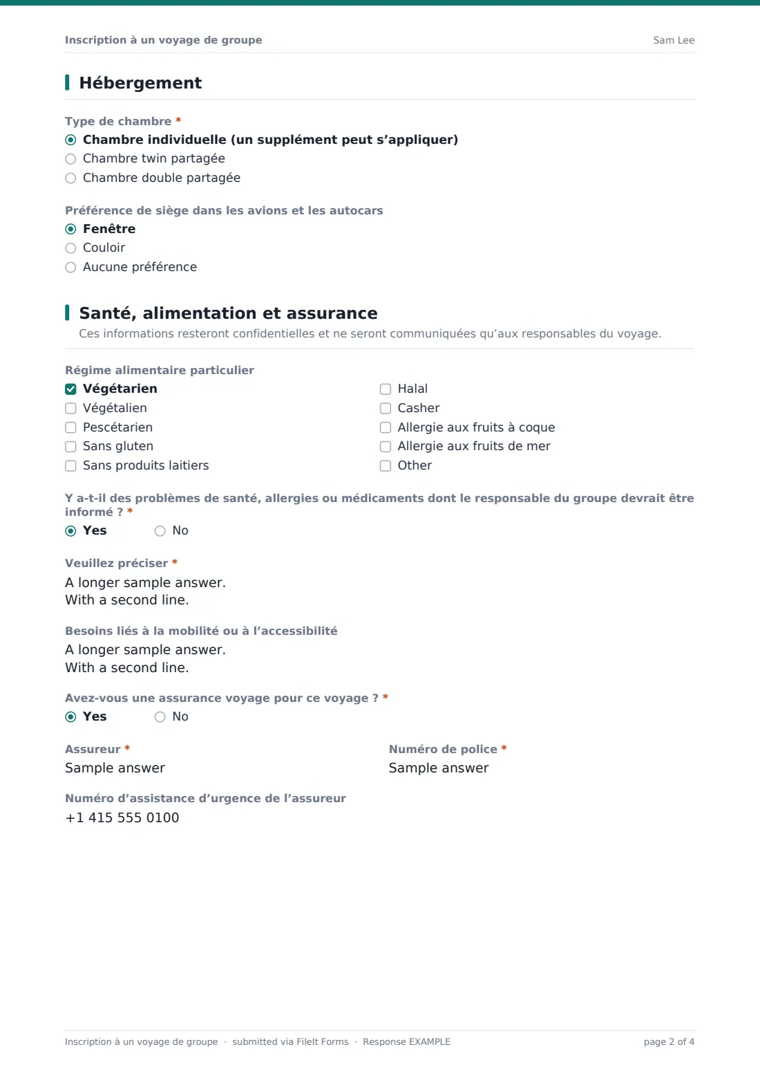 Inscription à un voyage de groupe — exemple de réponse au format PDF, page 2 sur 4