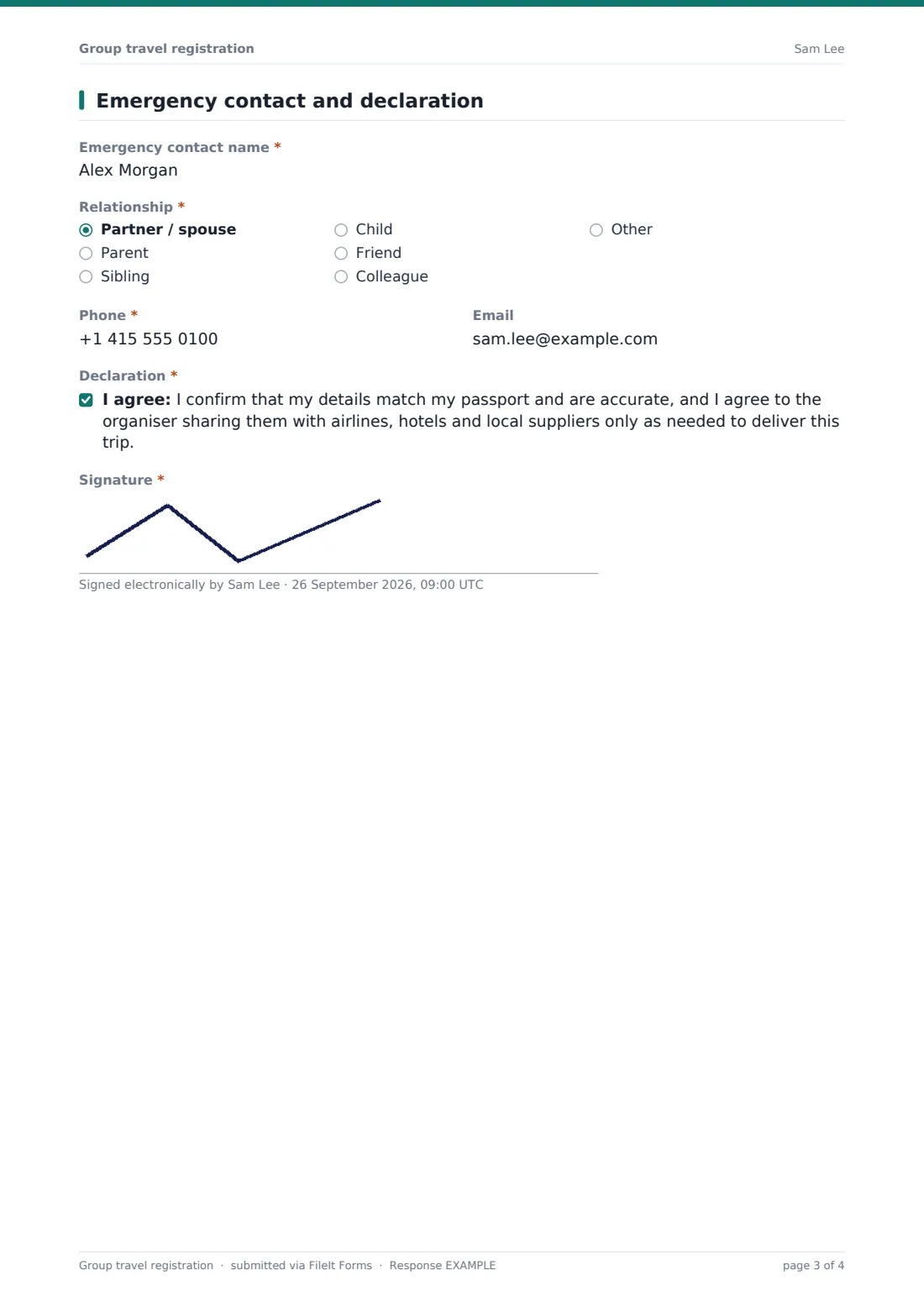 Group travel registration — example response PDF, page 3 of 4