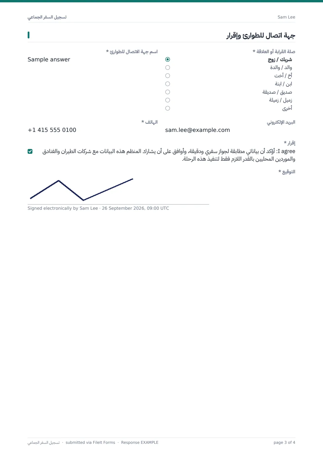 تسجيل السفر الجماعي — ملف PDF لرد نموذجي، الصفحة 3 من 4