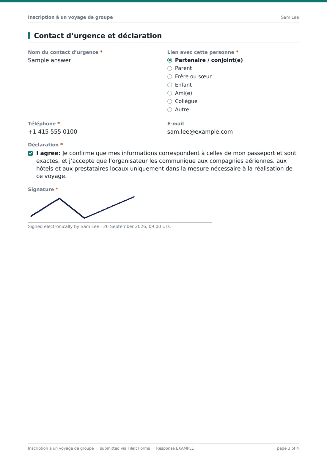 Inscription à un voyage de groupe — exemple de réponse au format PDF, page 3 sur 4
