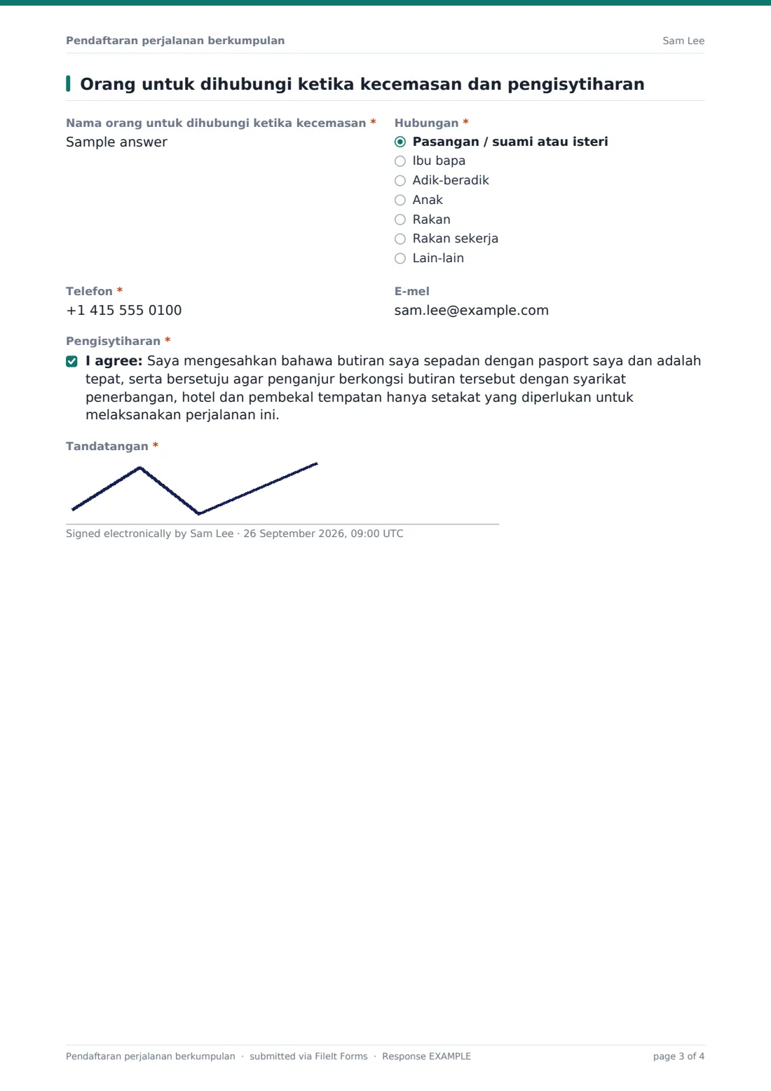 Pendaftaran perjalanan berkumpulan — PDF respons contoh, halaman 3 daripada 4