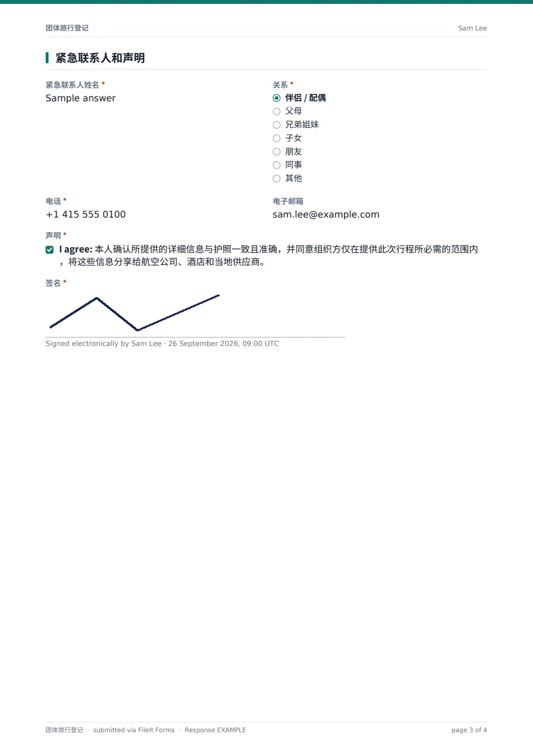 团体旅行登记 — 示例回复 PDF，第 3 页，共 4 页
