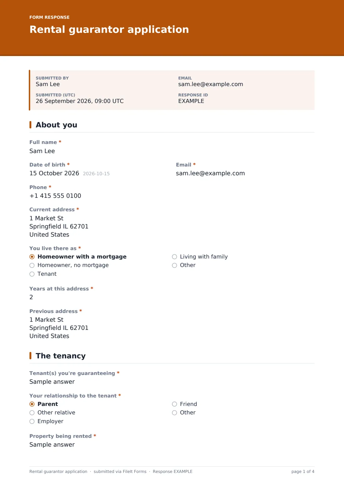 Rental guarantor application — example response PDF, page 1 of 4