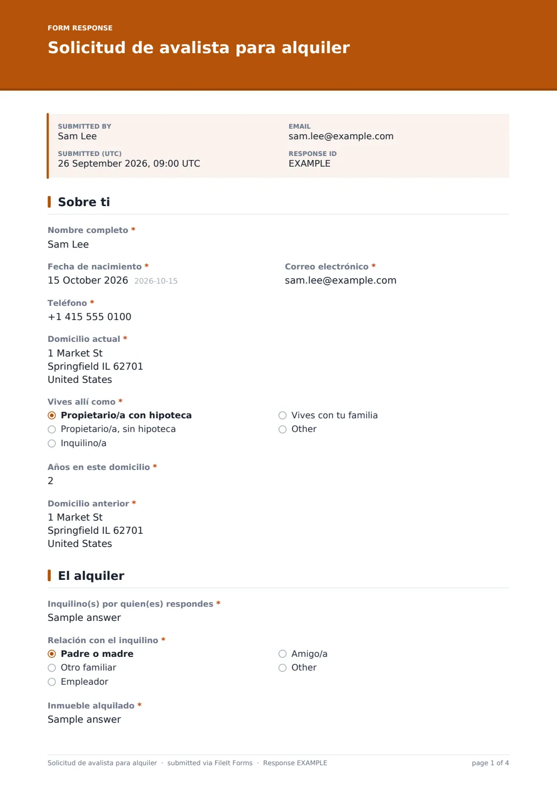 Solicitud de avalista para alquiler — PDF de respuesta de ejemplo, página 1 de 4