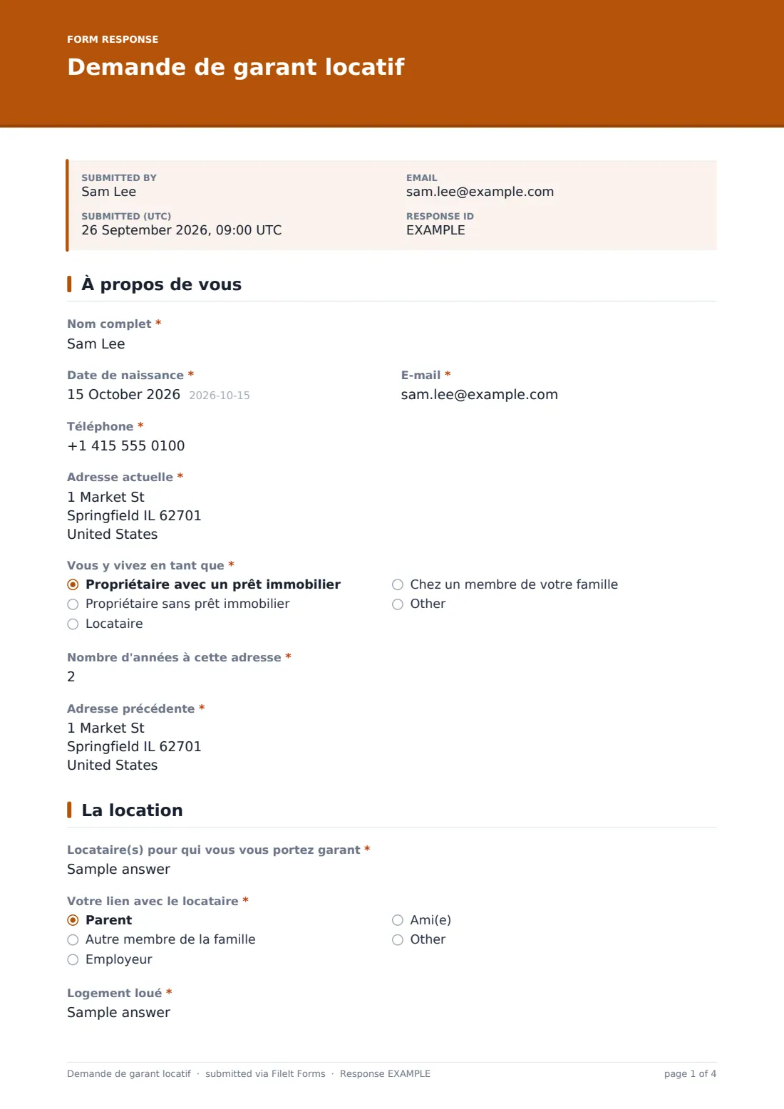 Demande de garant locatif — exemple de réponse au format PDF, page 1 sur 4