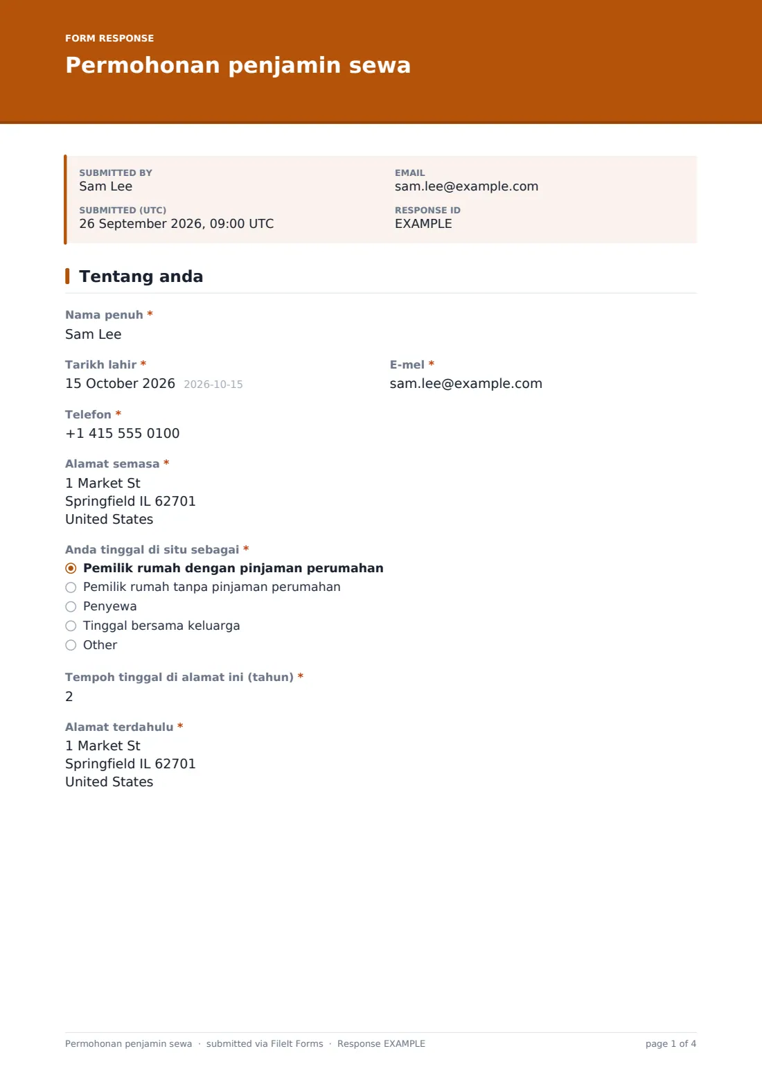 Permohonan penjamin sewa — PDF respons contoh, halaman 1 daripada 4