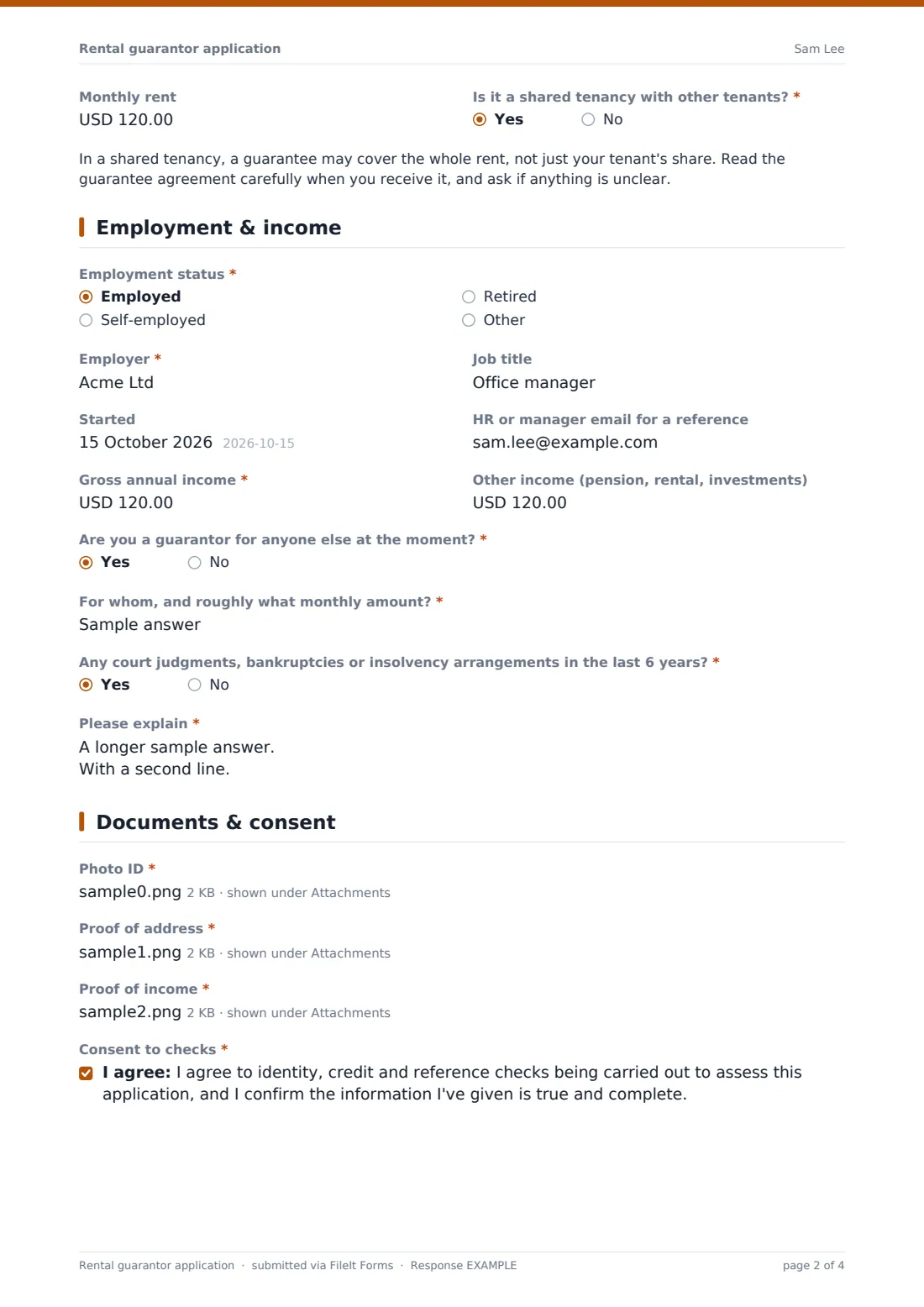 Rental guarantor application — example response PDF, page 2 of 4
