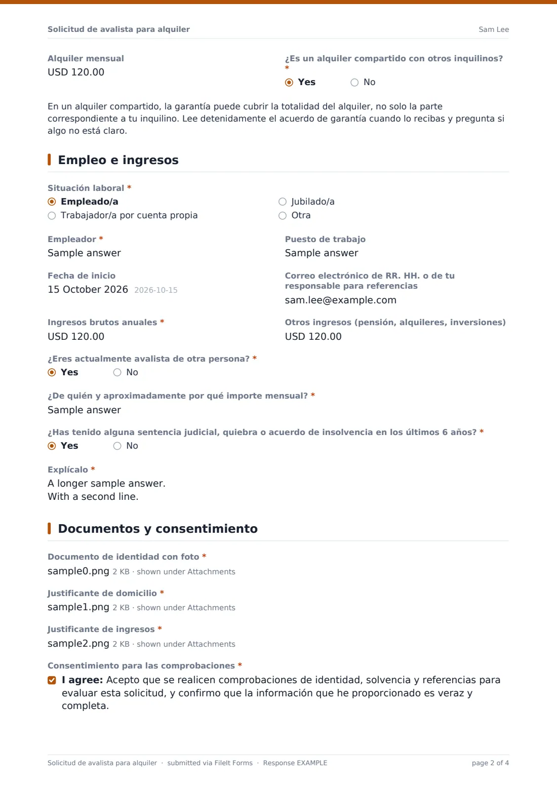 Solicitud de avalista para alquiler — PDF de respuesta de ejemplo, página 2 de 4