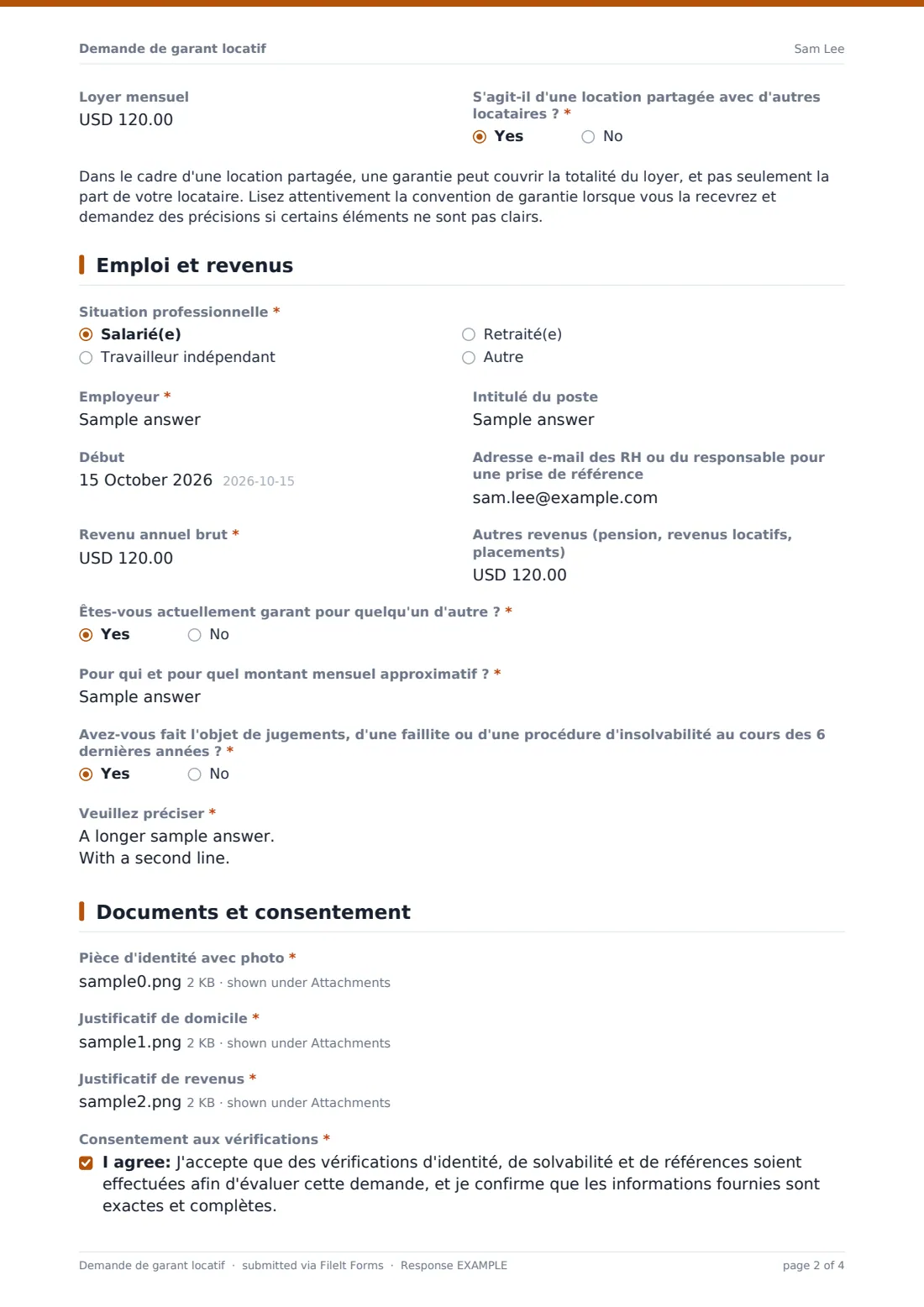 Demande de garant locatif — exemple de réponse au format PDF, page 2 sur 4