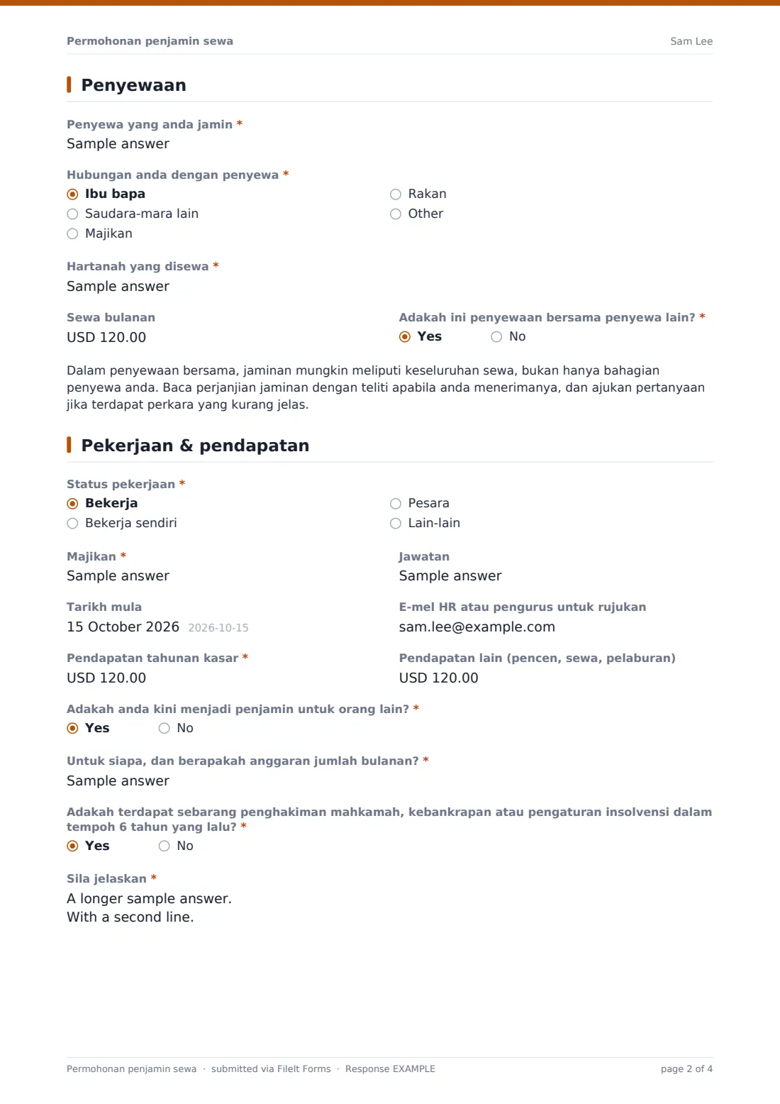 Permohonan penjamin sewa — PDF respons contoh, halaman 2 daripada 4