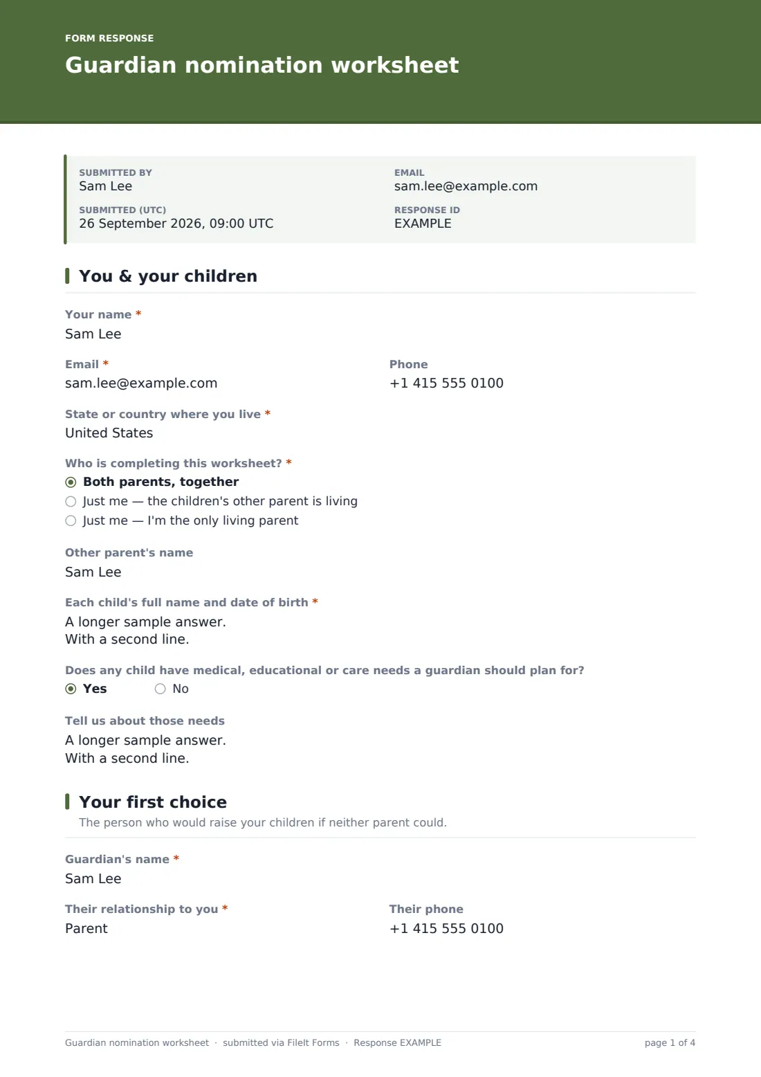 Guardian nomination worksheet — example response PDF, page 1 of 4