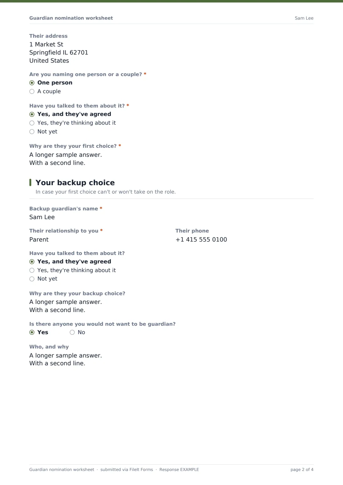 Guardian nomination worksheet — example response PDF, page 2 of 4