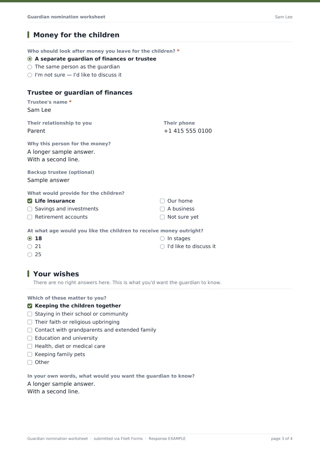 Guardian nomination worksheet — example response PDF, page 3 of 4