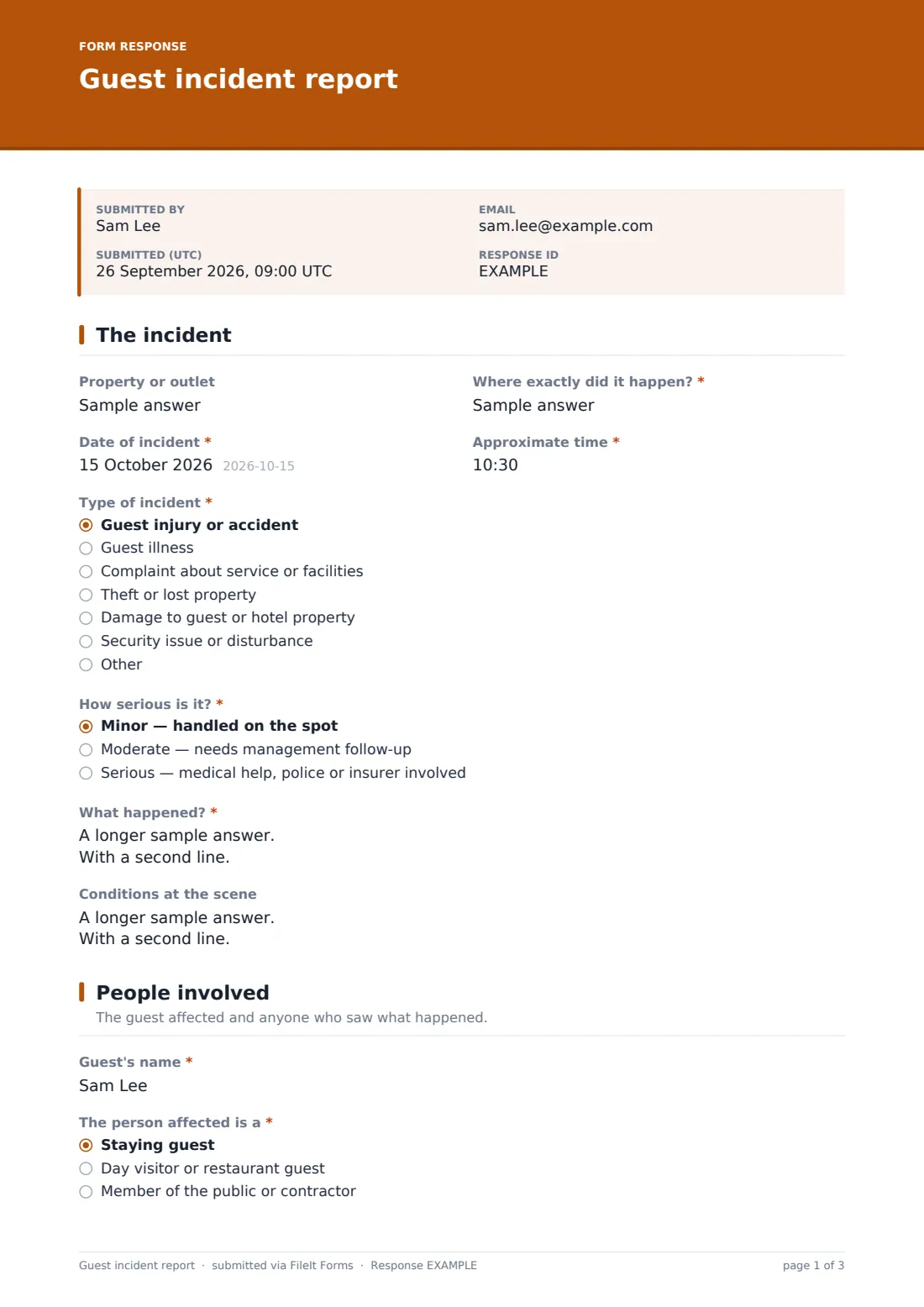 Guest incident report — example response PDF, page 1 of 3