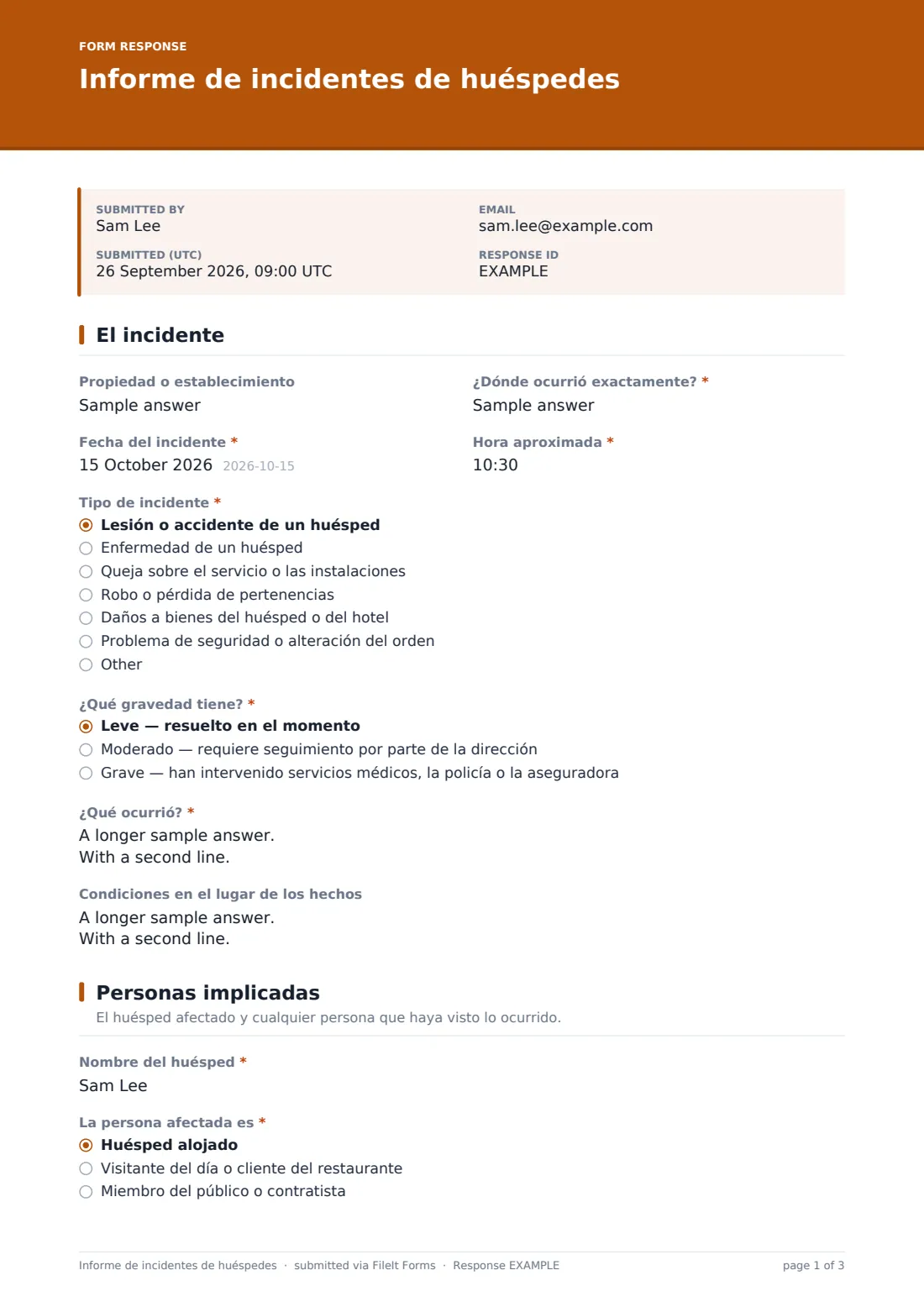 Informe de incidentes de huéspedes — PDF de respuesta de ejemplo, página 1 de 3