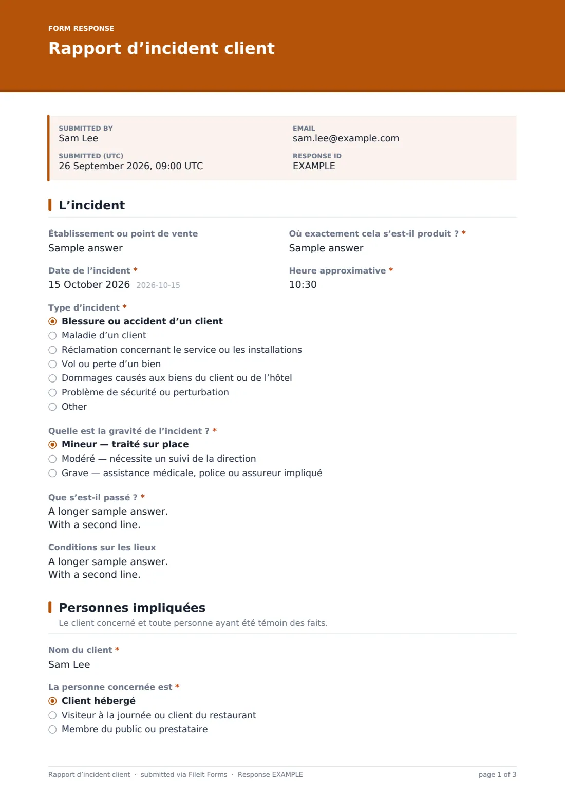 Rapport d’incident client — exemple de réponse au format PDF, page 1 sur 3