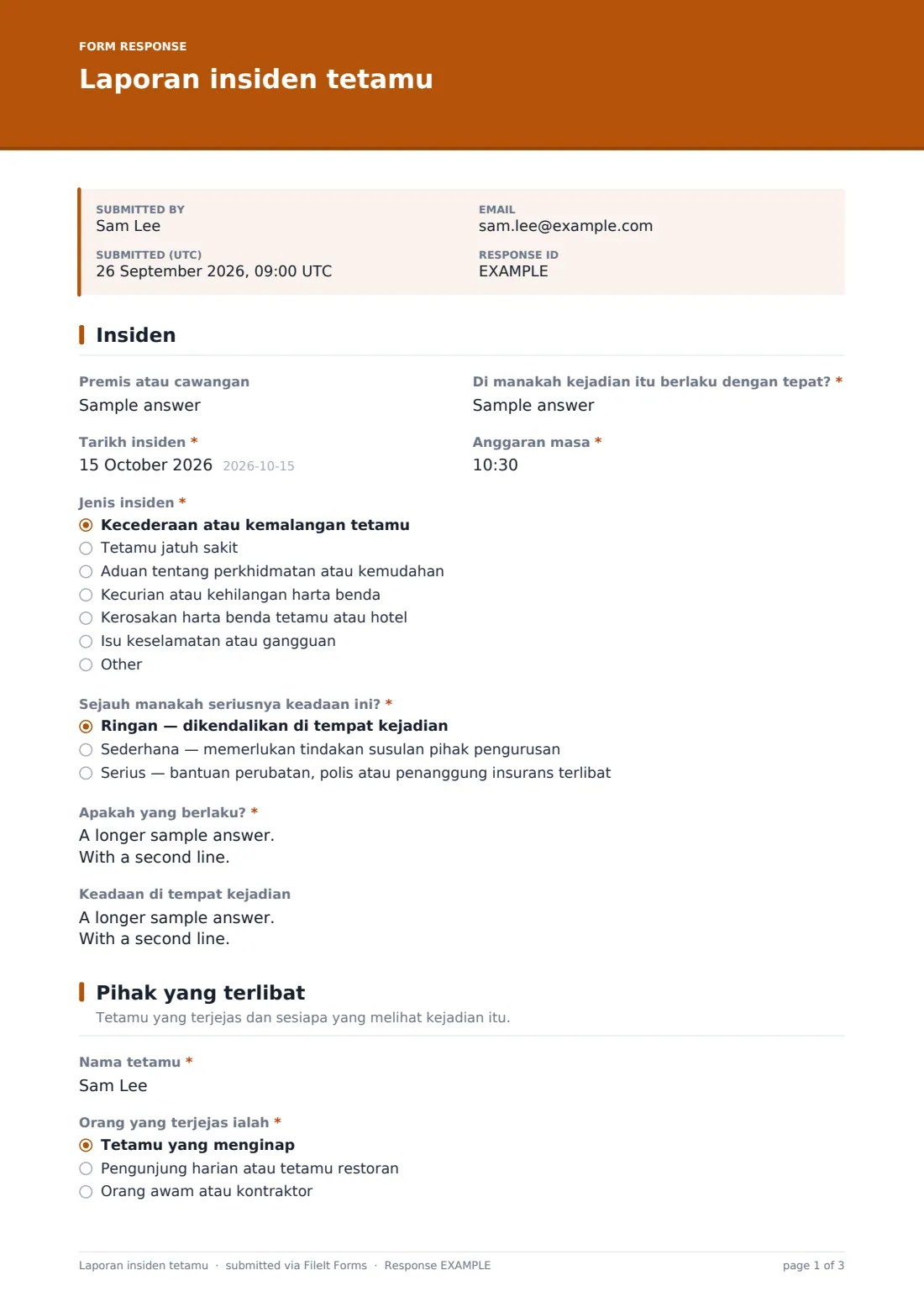 Laporan insiden tetamu — PDF respons contoh, halaman 1 daripada 3