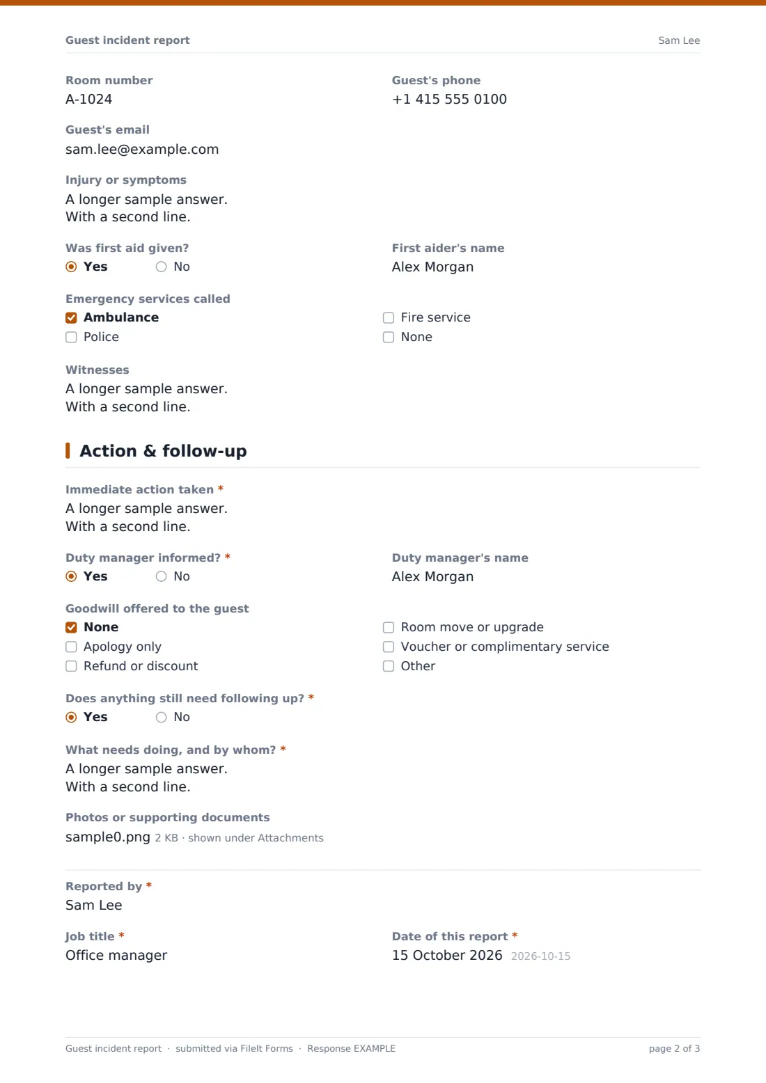 Guest incident report — example response PDF, page 2 of 3